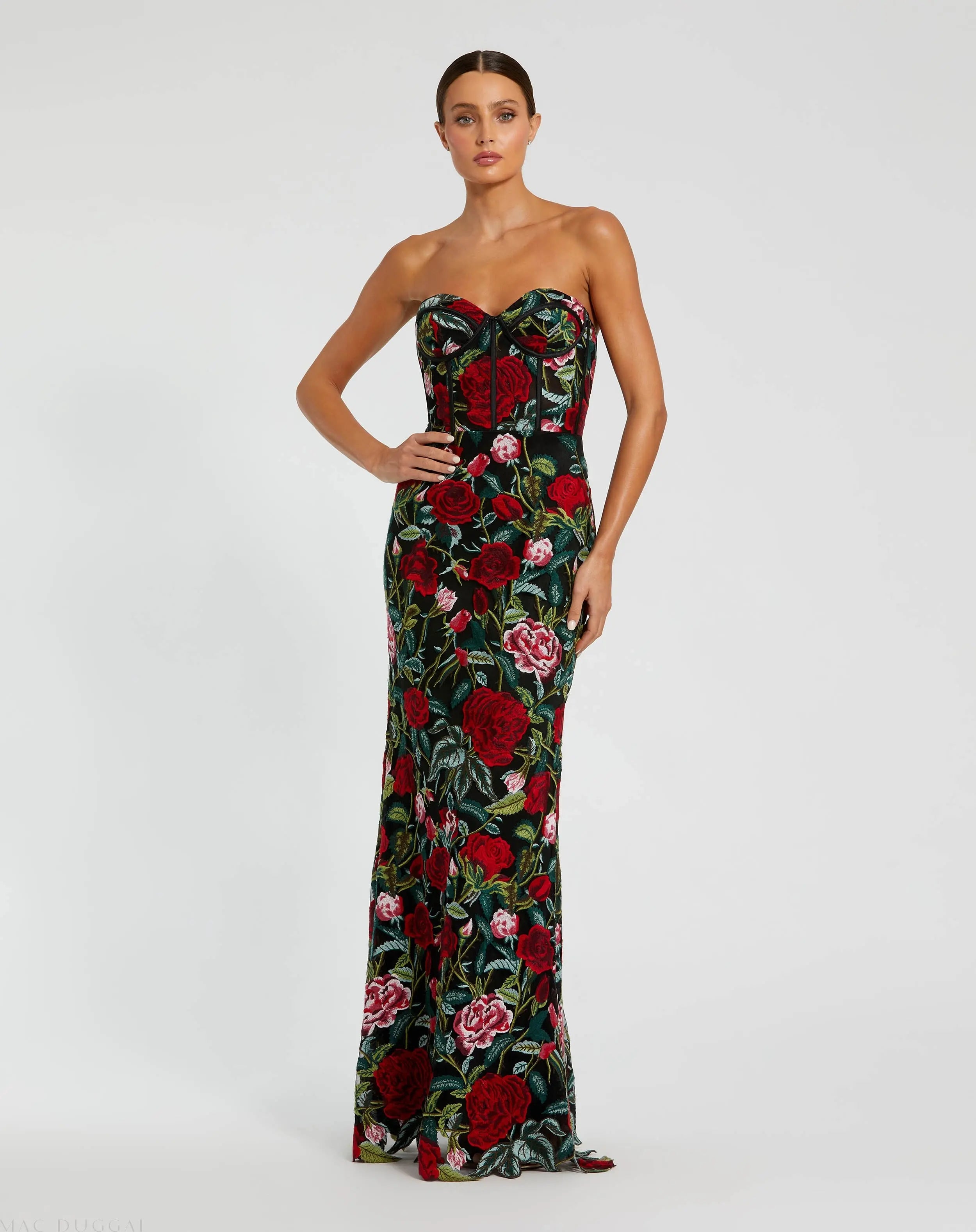 Black Sheer Bustier Top Floral Applique Gown-Myartka
