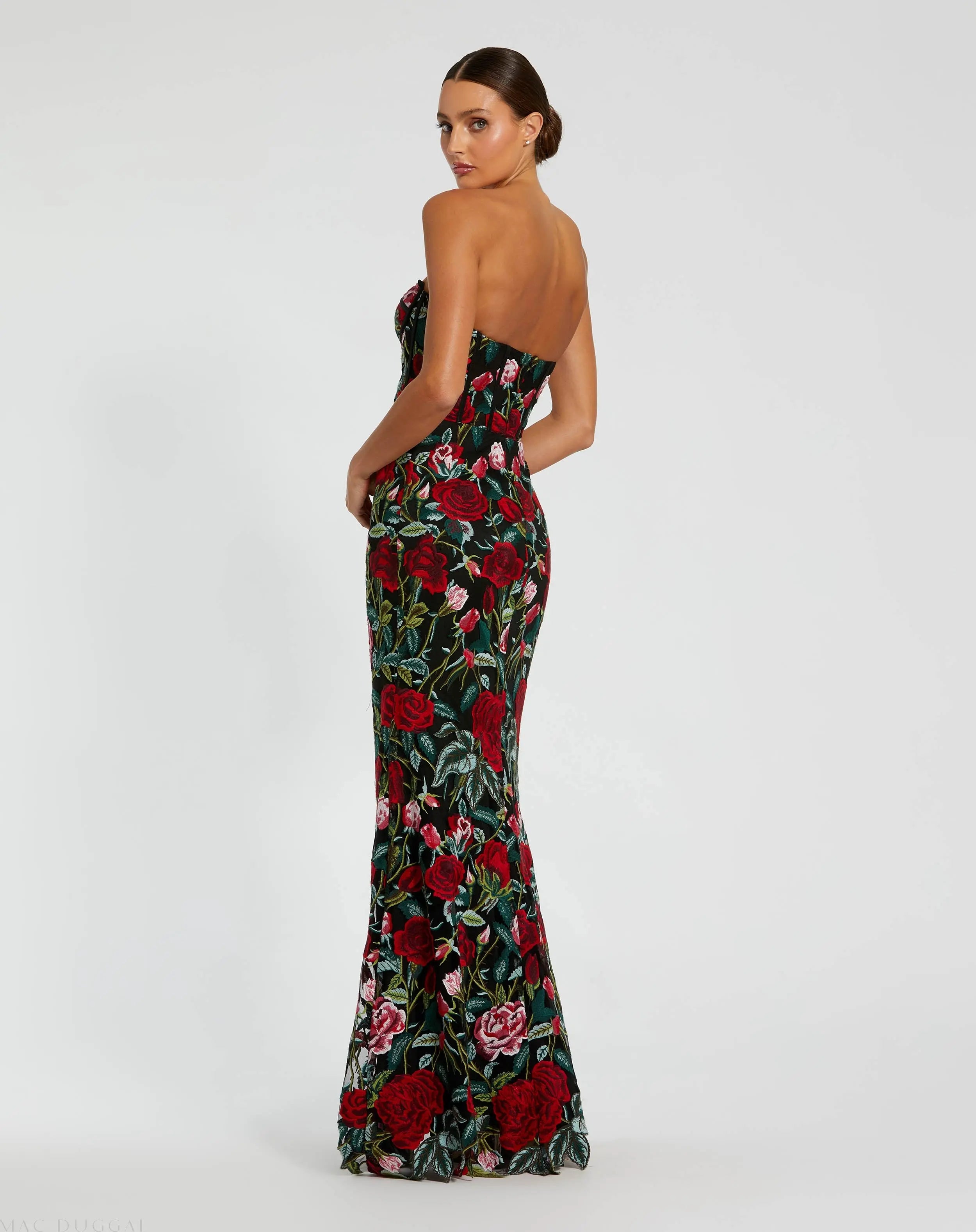 Black Sheer Bustier Top Floral Applique Gown-Myartka