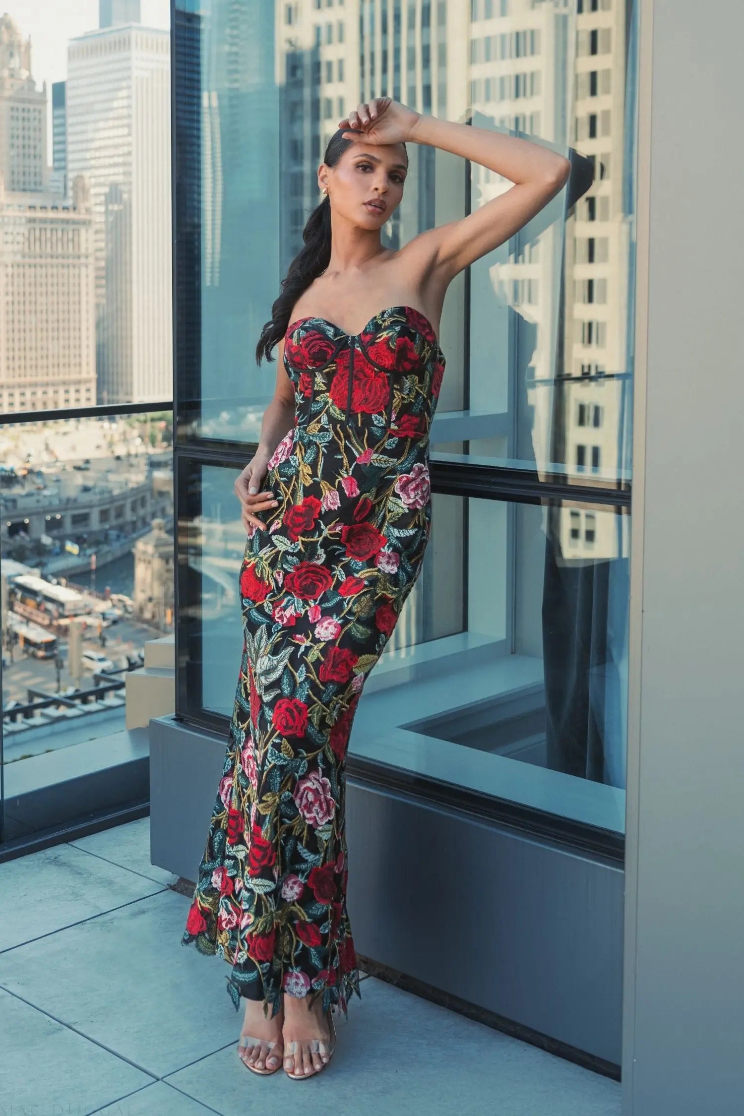 Black Sheer Bustier Top Floral Applique Gown-Myartka