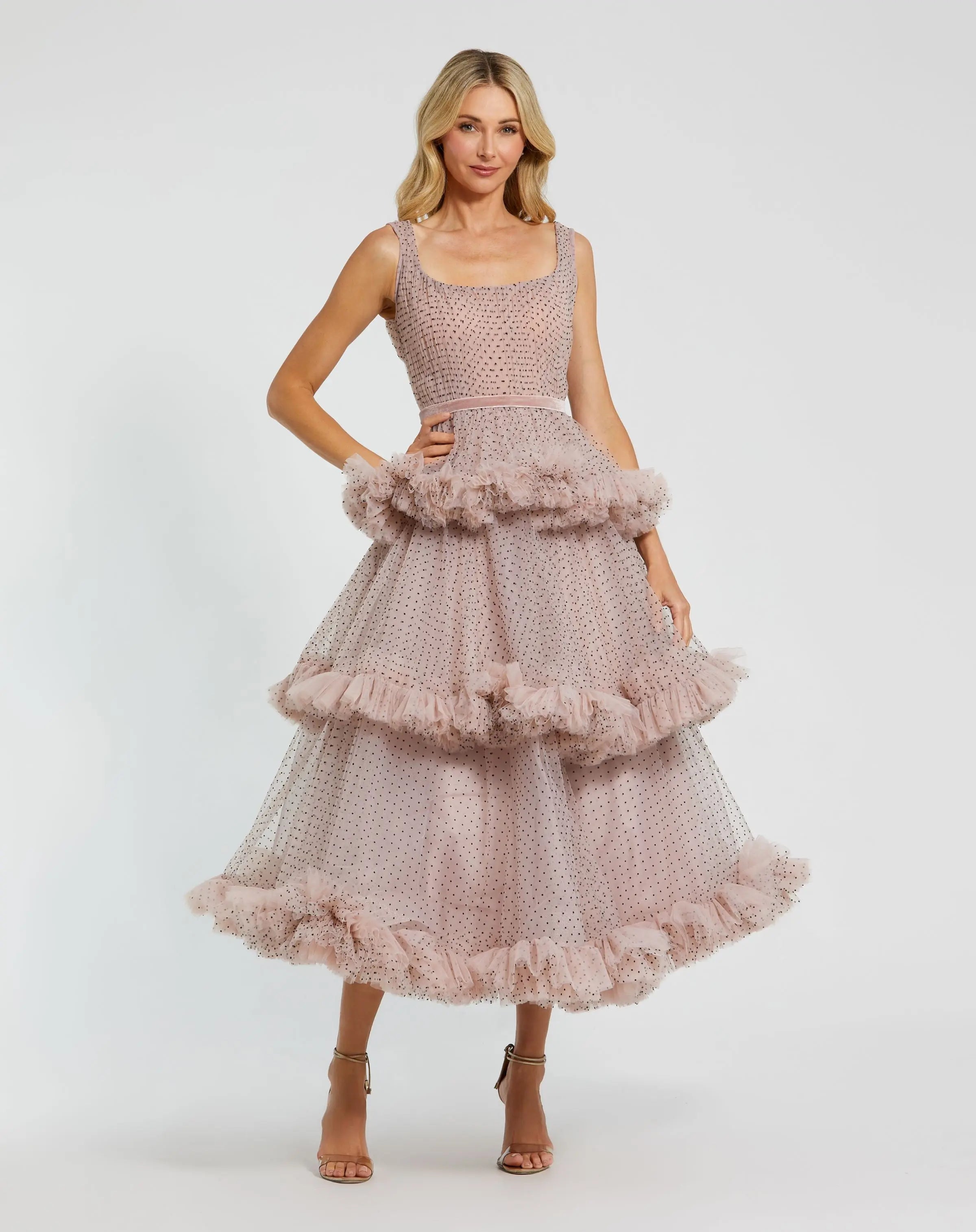 Pink Sleeveless Dot Net Ruffle Dress-Myartka