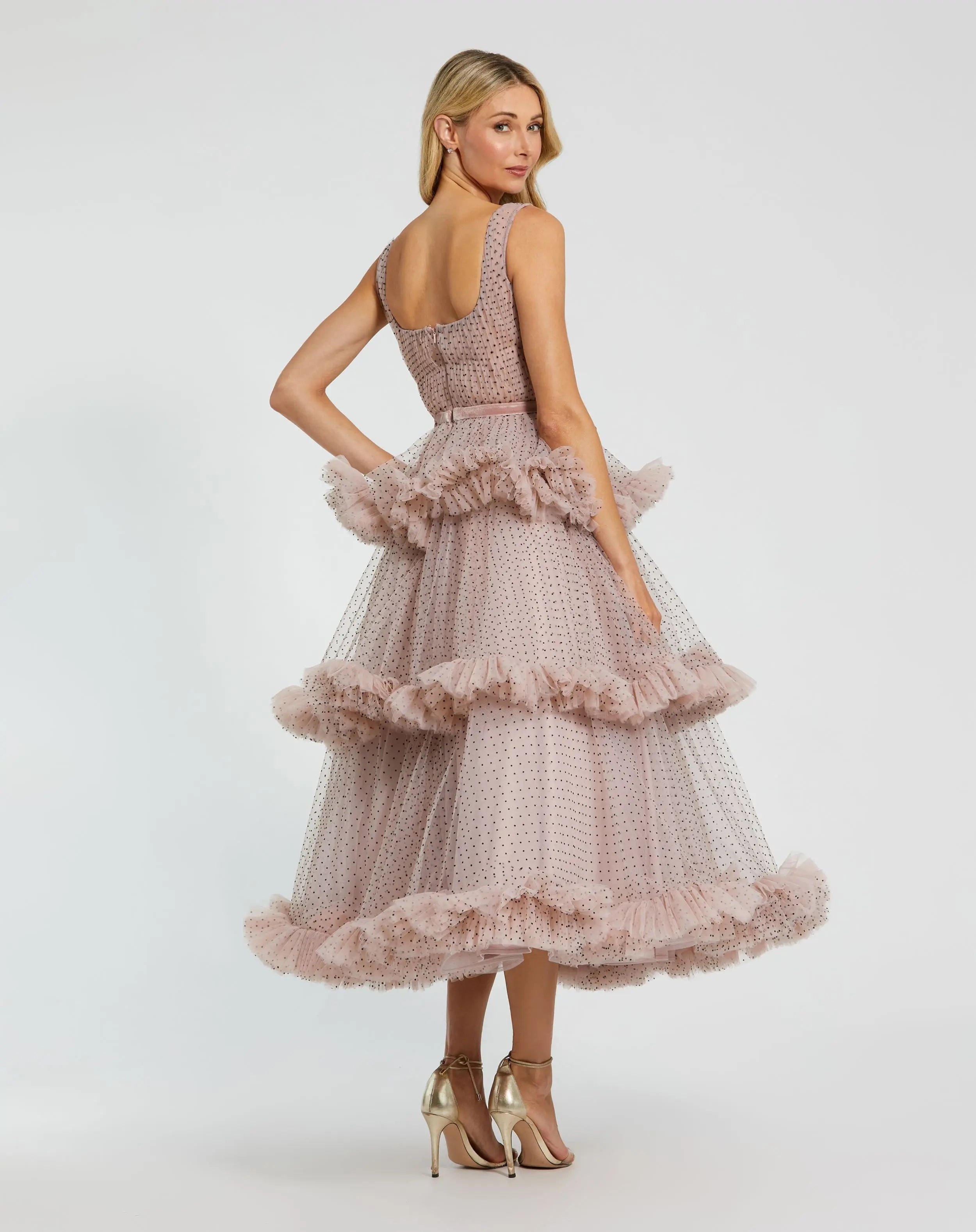 Pink Sleeveless Dot Net Ruffle Dress-Myartka