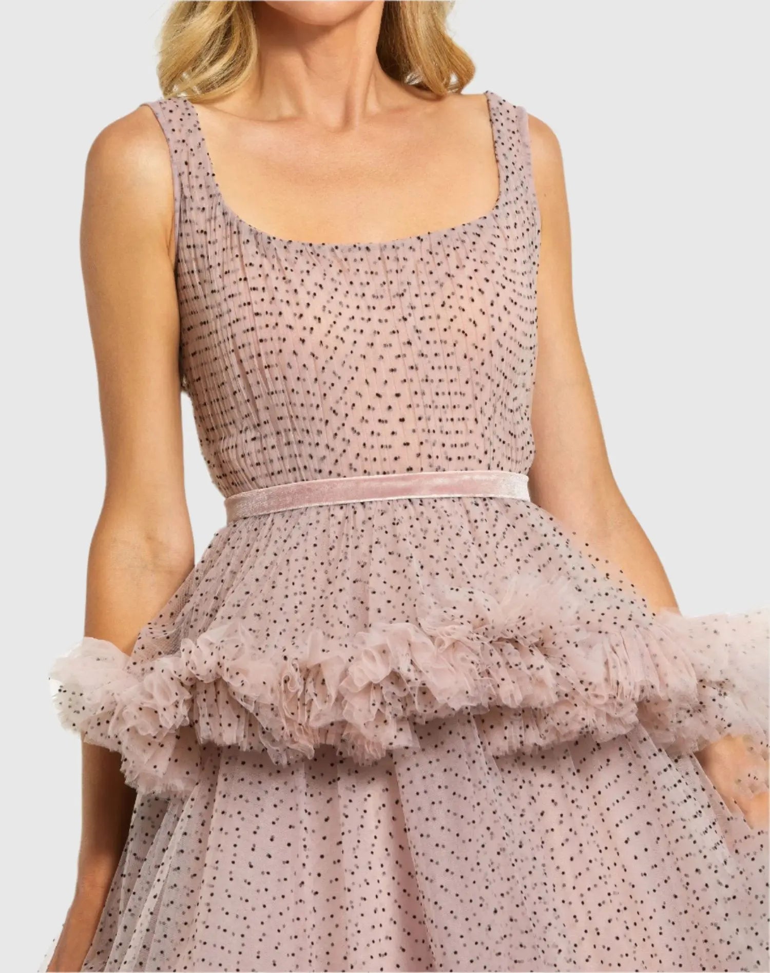Pink Sleeveless Dot Net Ruffle Dress-Myartka