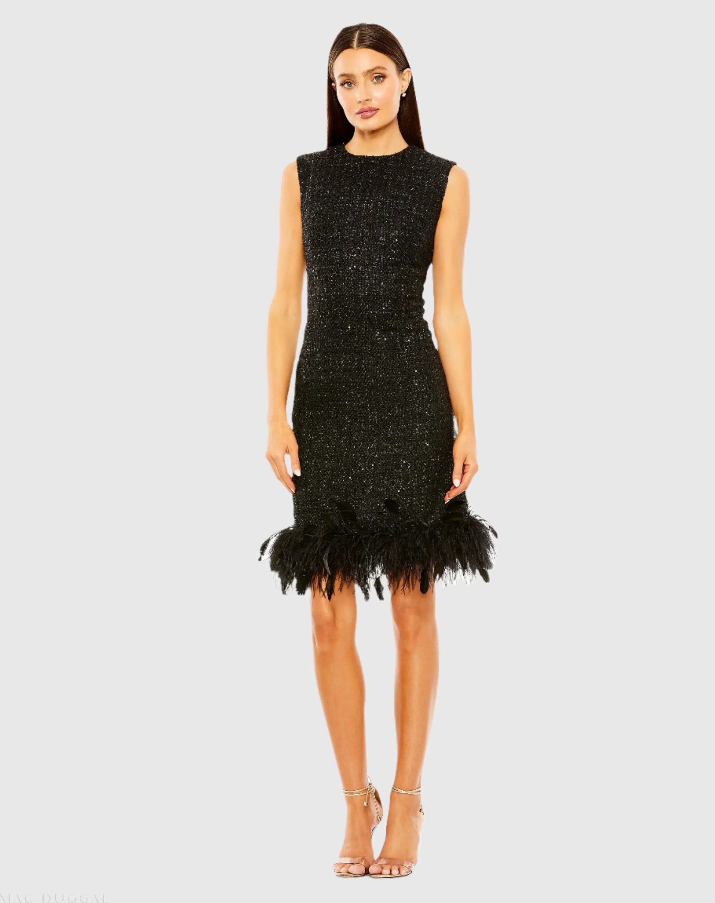Black Shift Dress with Feather Trim-Myartka
