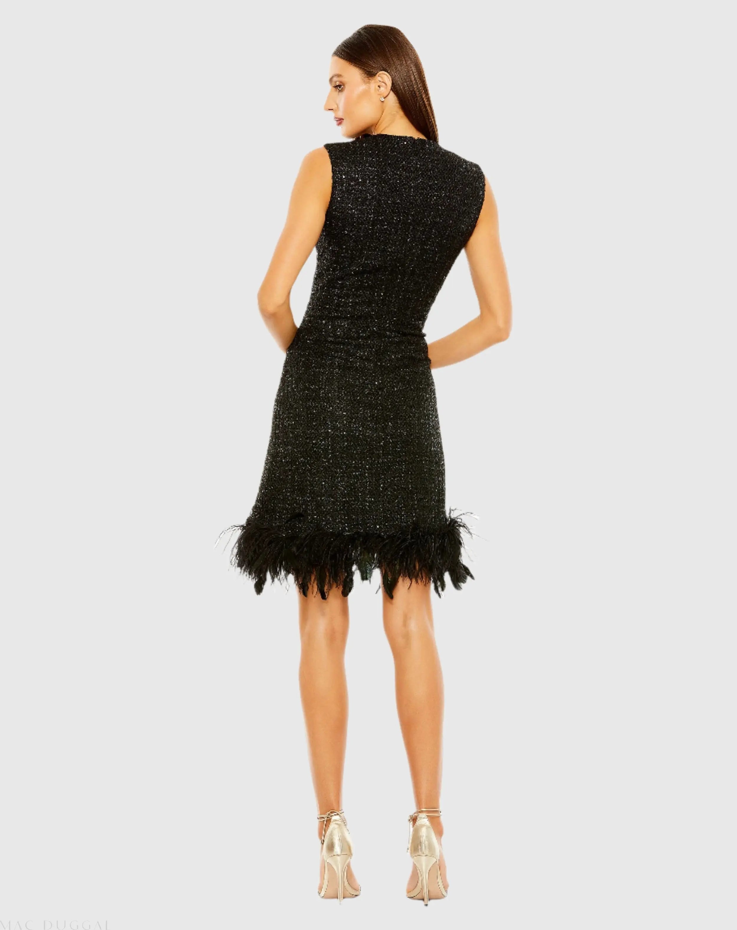 Black Shift Dress with Feather Trim-Myartka