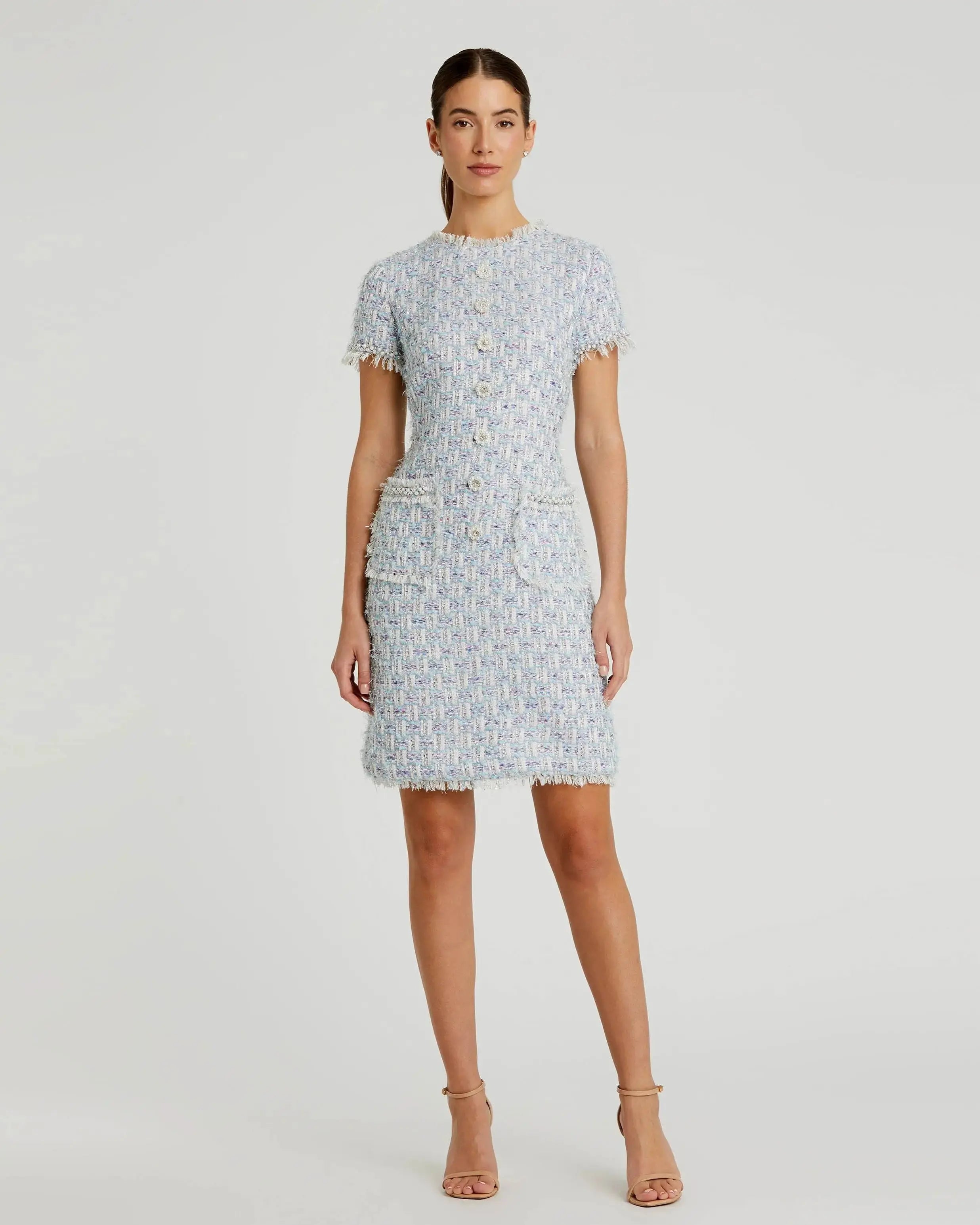 Blue Cap Sleeve Floral Button Detail Shift Dress-Myartka