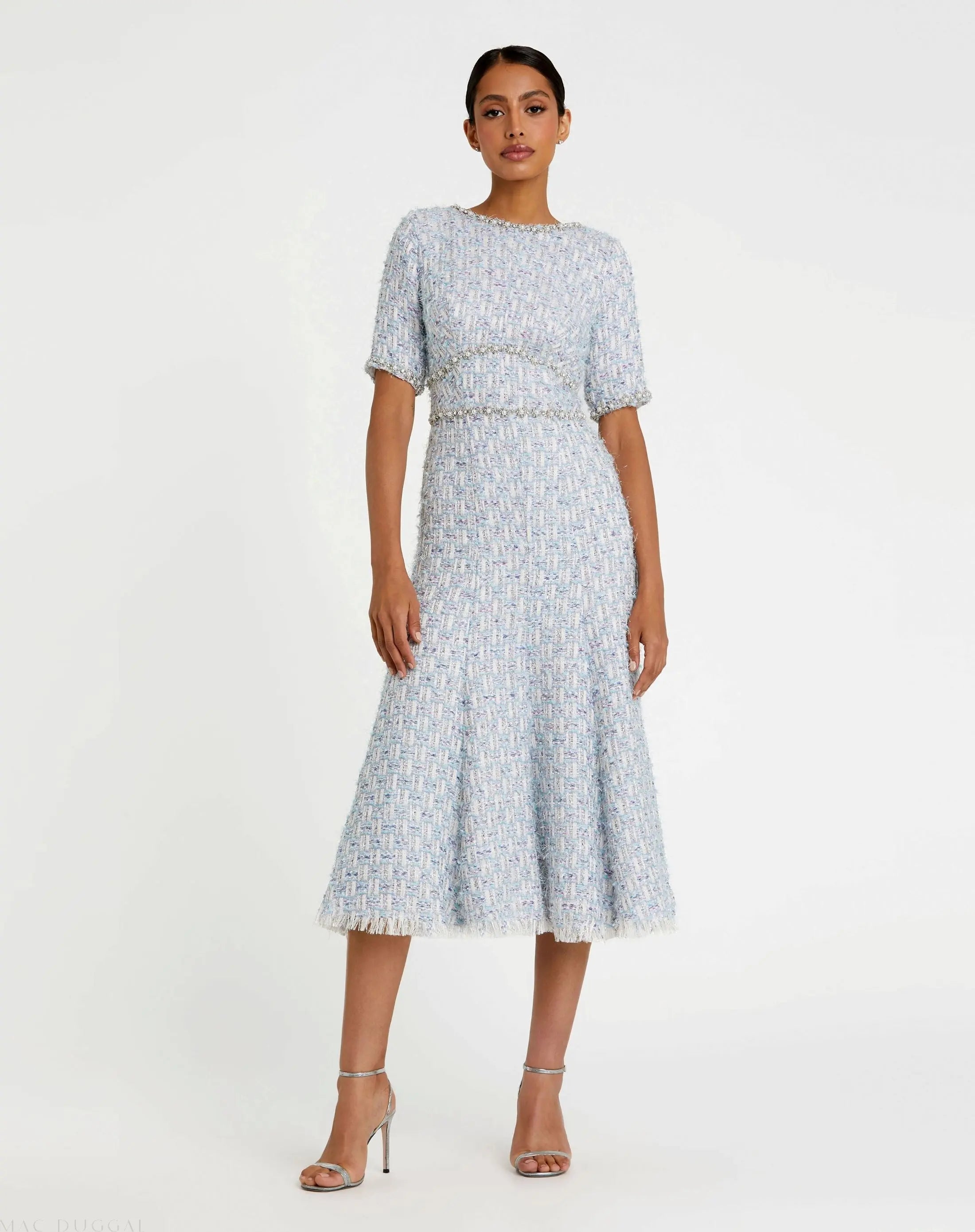 Blue Short Sleeve Beaded Trim Boucle Midi Dress-Myartka