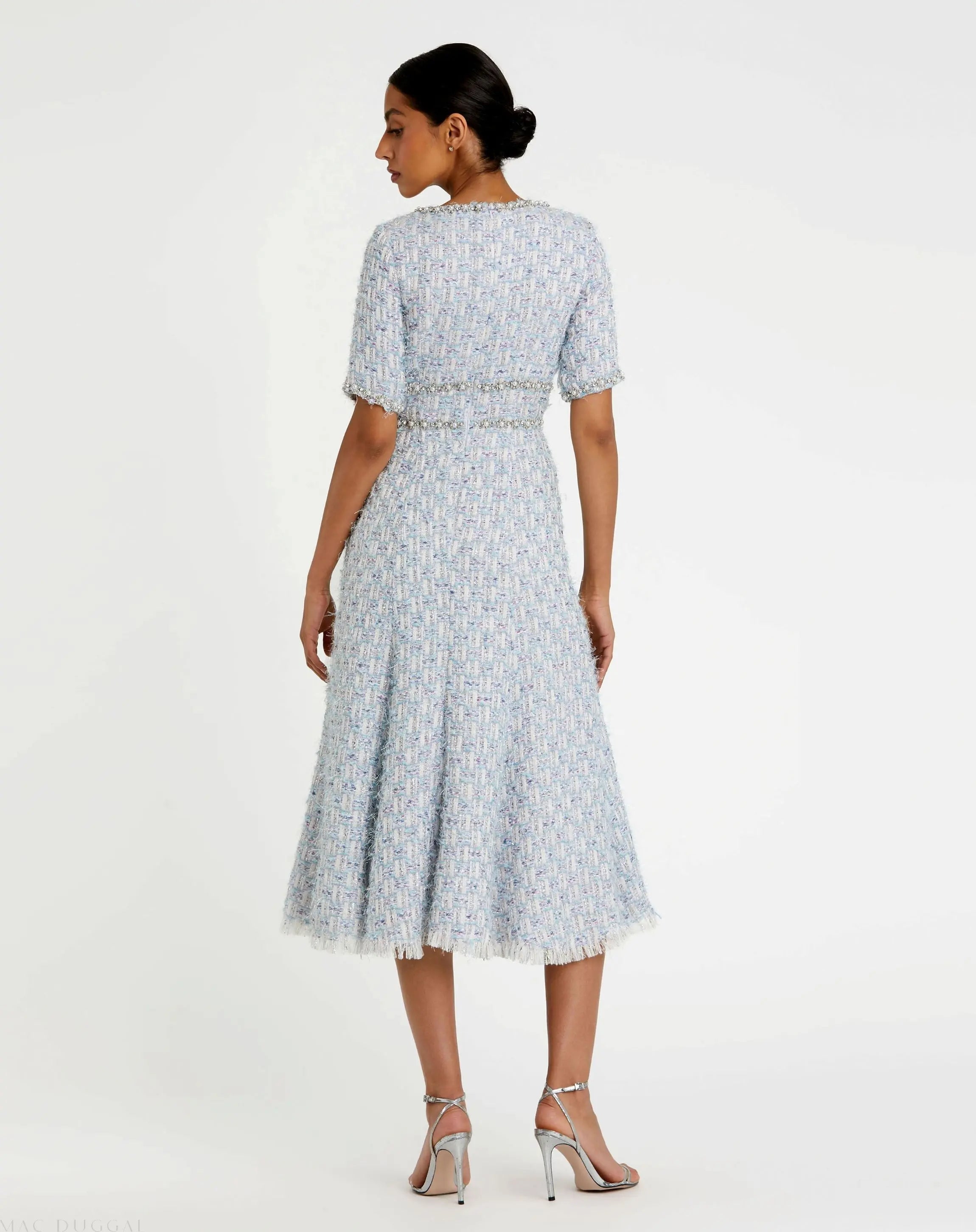 Blue Short Sleeve Beaded Trim Boucle Midi Dress-Myartka