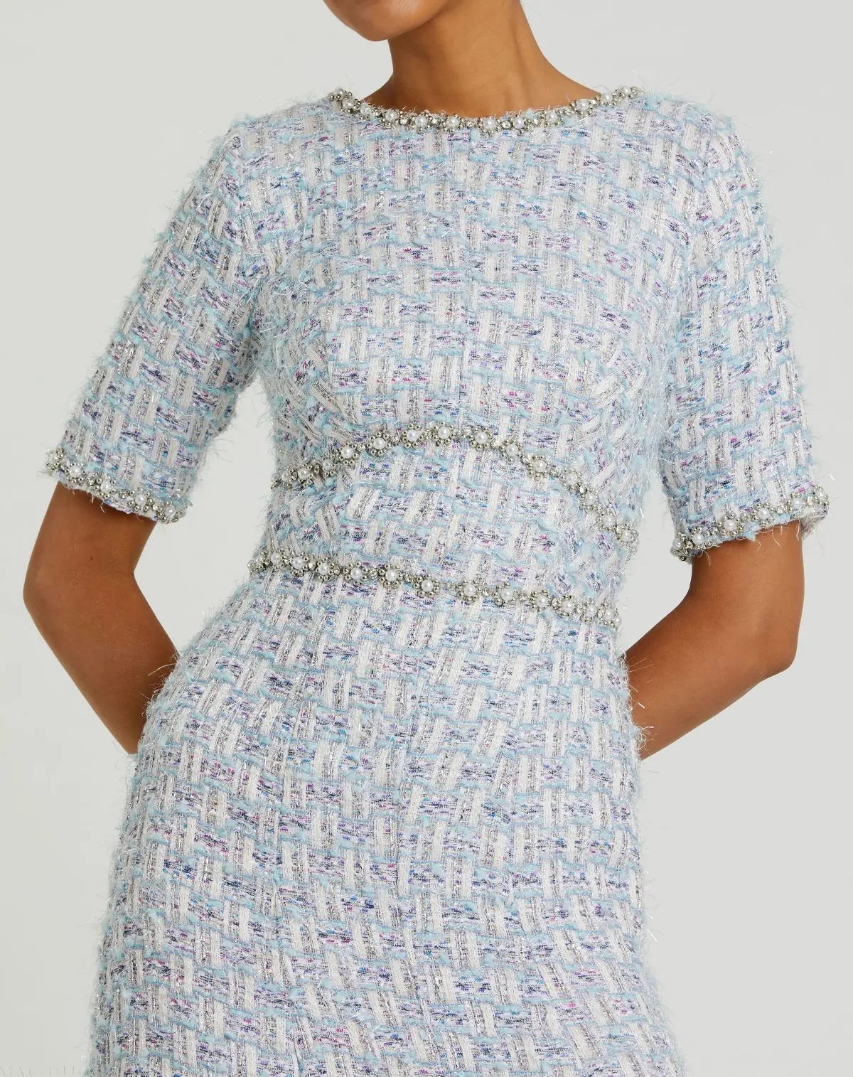Blue Short Sleeve Beaded Trim Boucle Midi Dress-Myartka