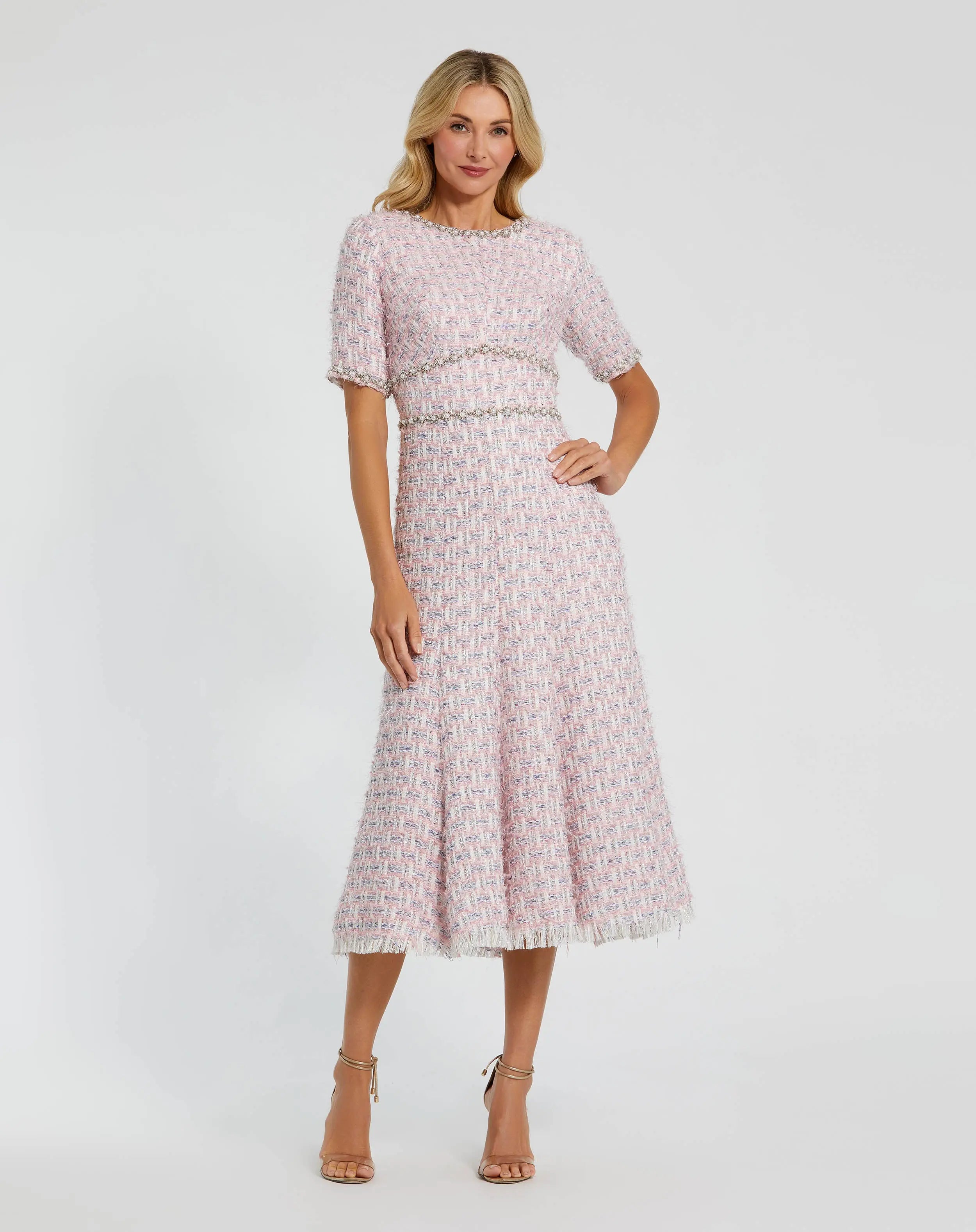 Pink Short Sleeve Beaded Trim Boucle Midi Dress-Myartka