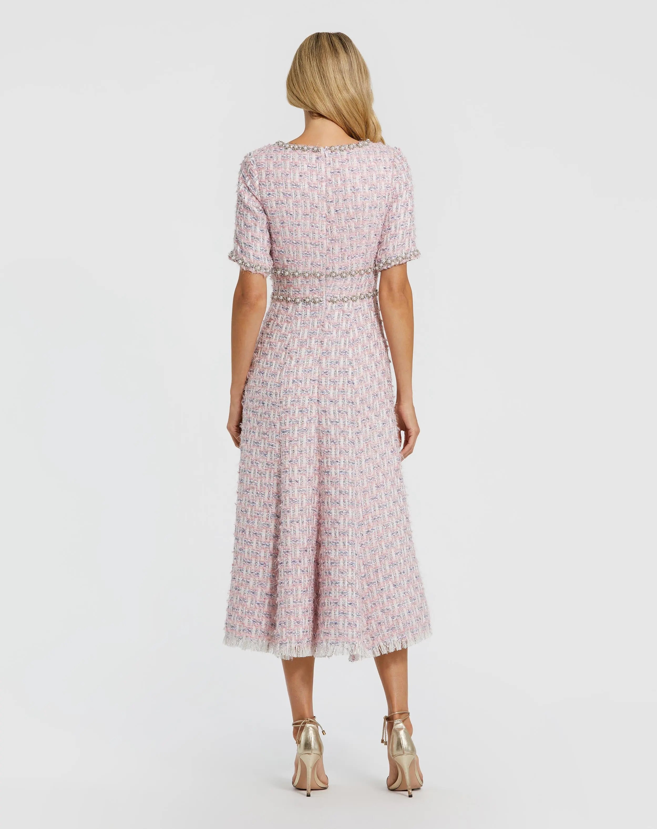 Pink Short Sleeve Beaded Trim Boucle Midi Dress-Myartka