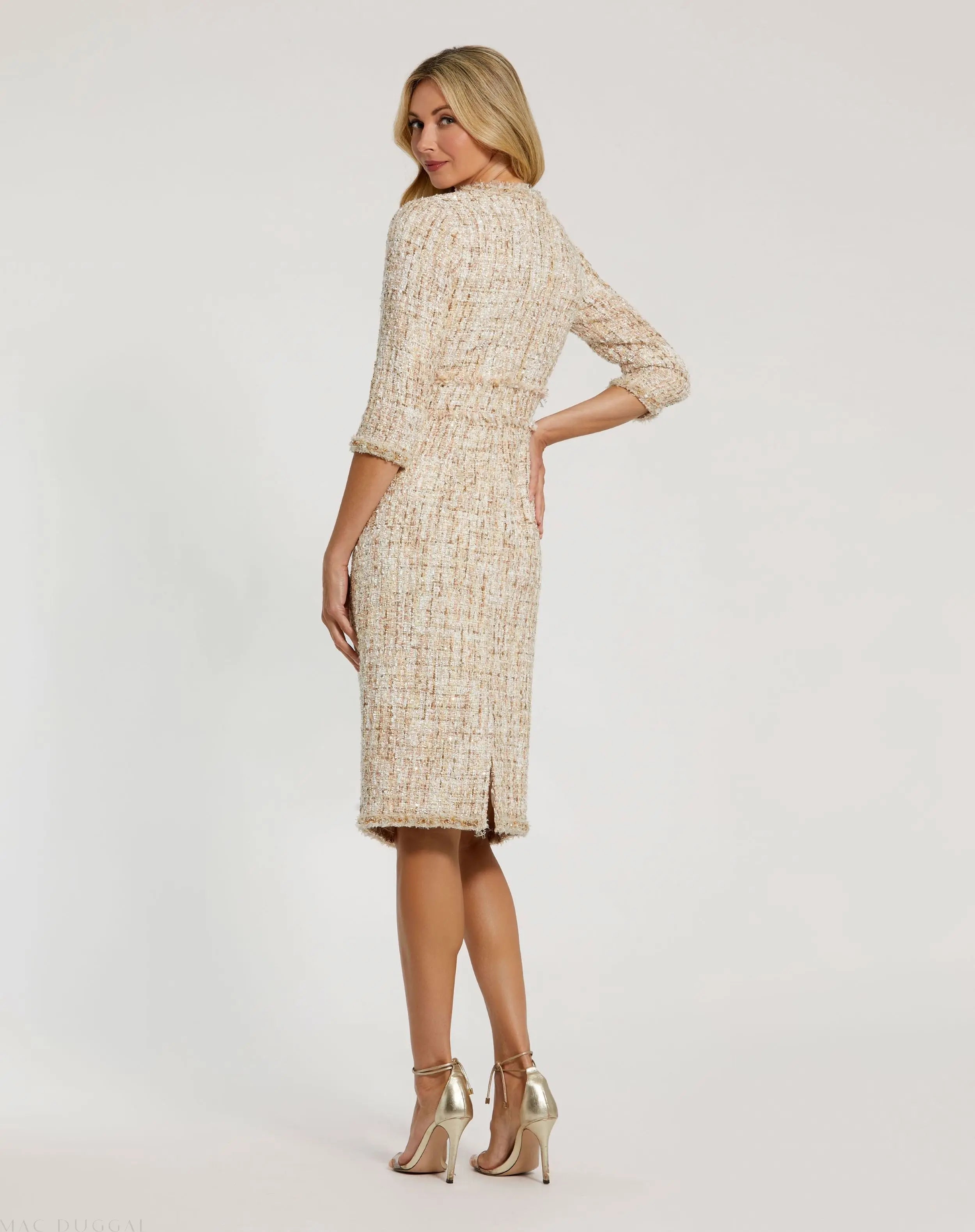 Beige Beaded Trim Boucle Midi Dress with 3/4 Sleeves-Myartka
