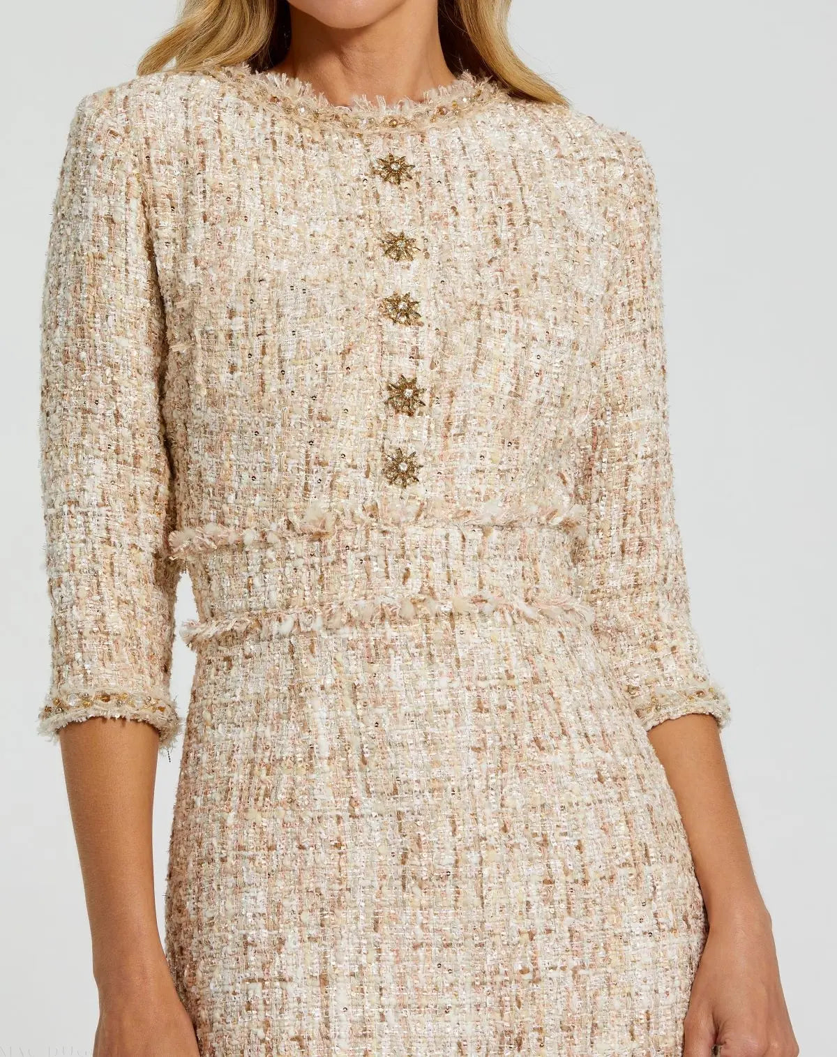 Beige Beaded Trim Boucle Midi Dress with 3/4 Sleeves-Myartka