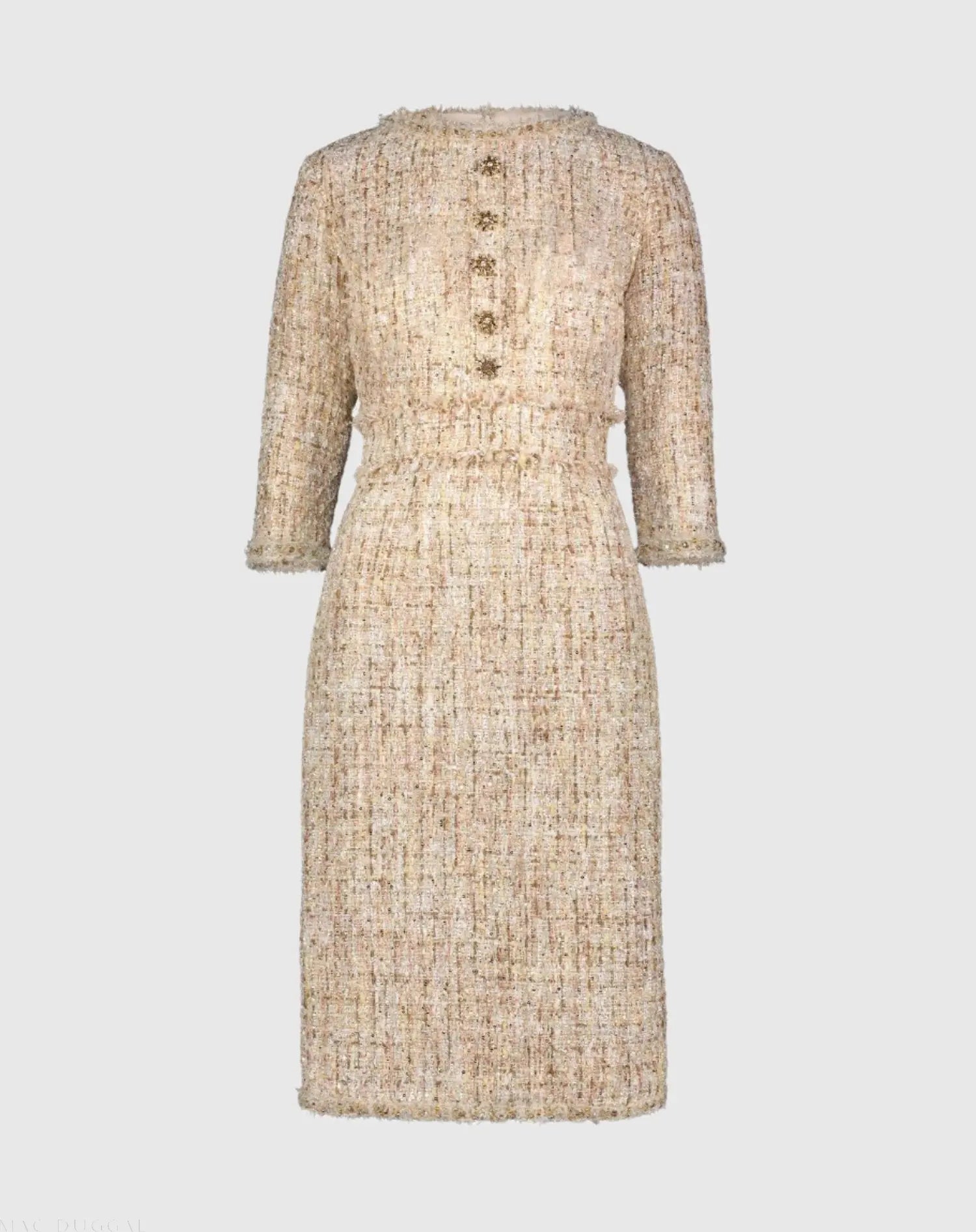 Beige Beaded Trim Boucle Midi Dress with 3/4 Sleeves-Myartka