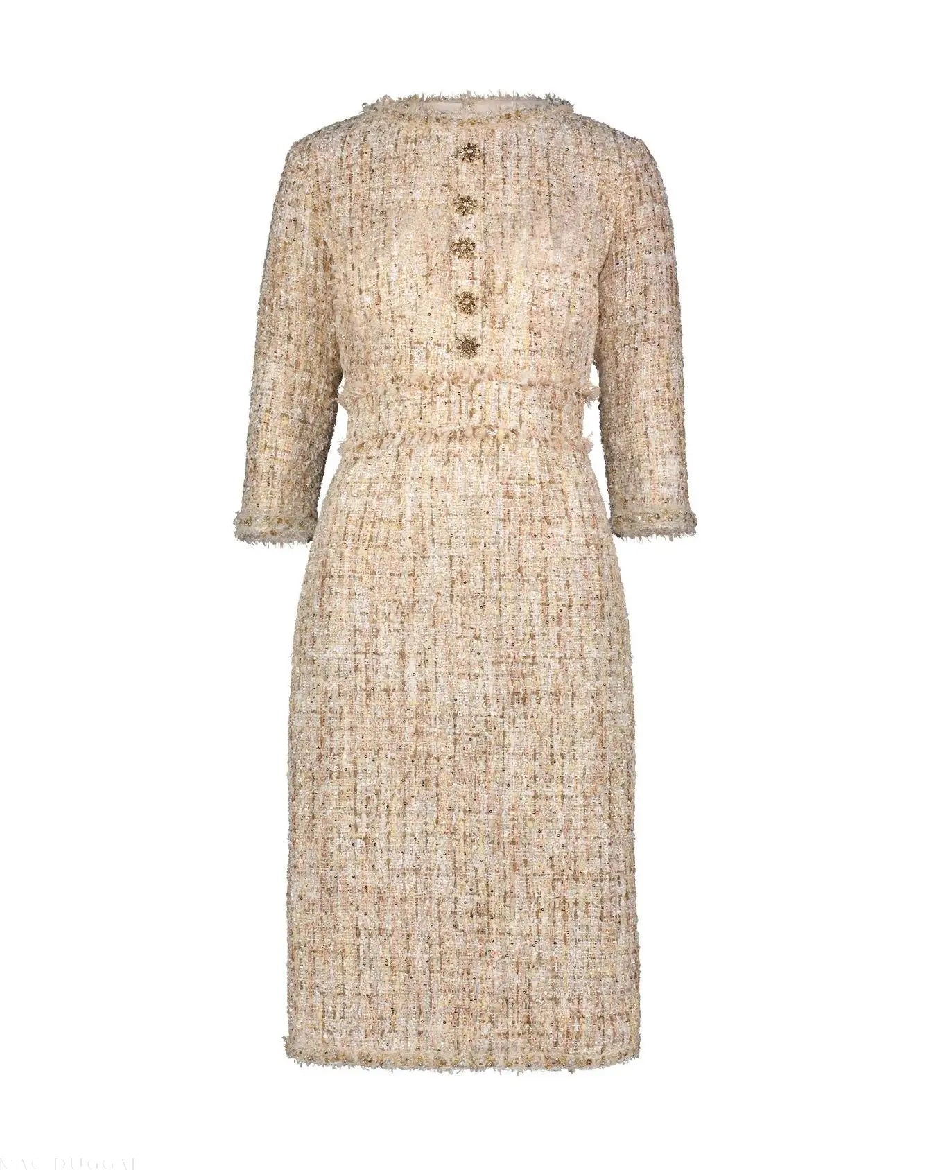 Beige Beaded Trim Boucle Midi Dress with 3/4 Sleeves-Myartka