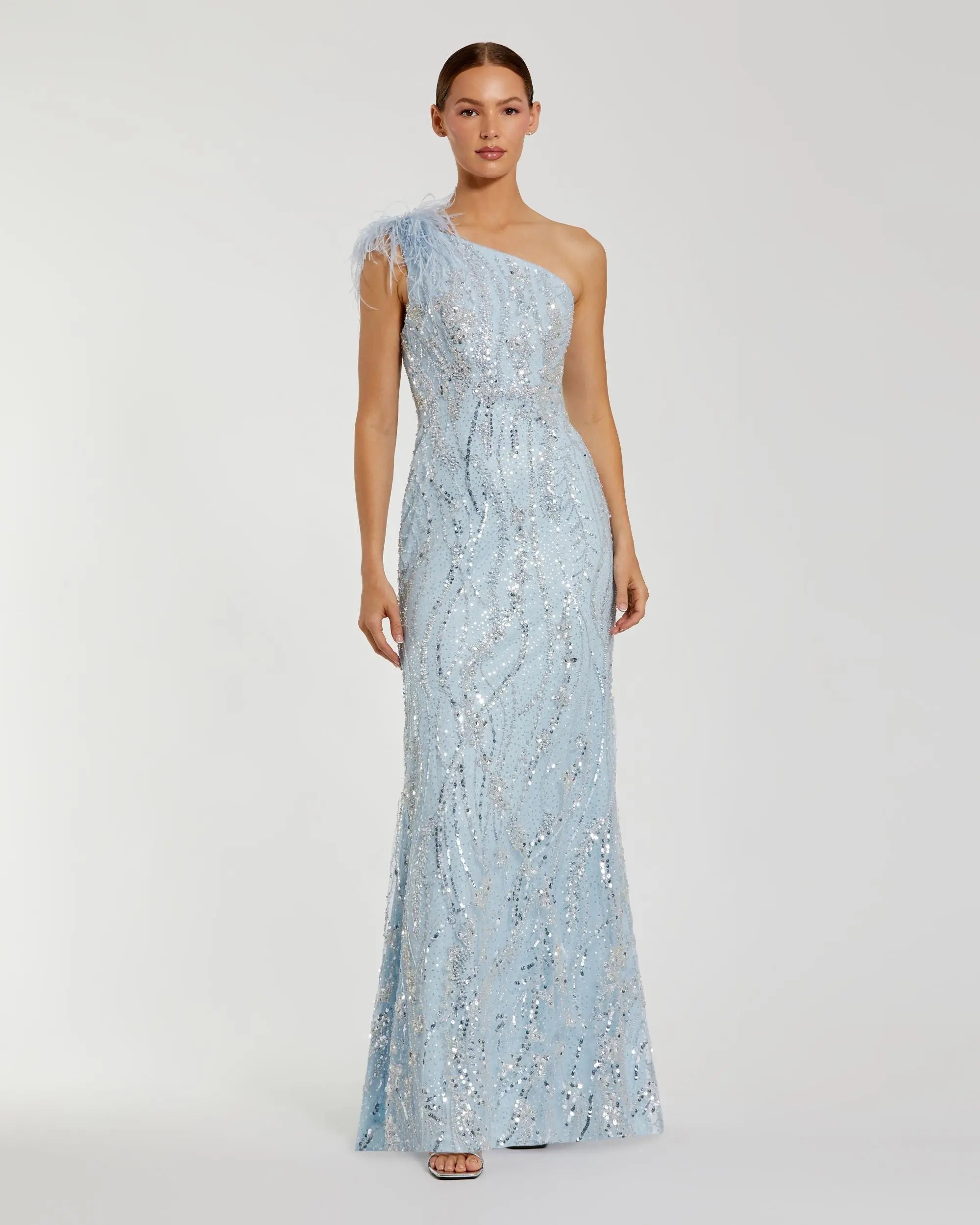 Blue Feathered One Shoulder Embellished Applique Gown-Myartka