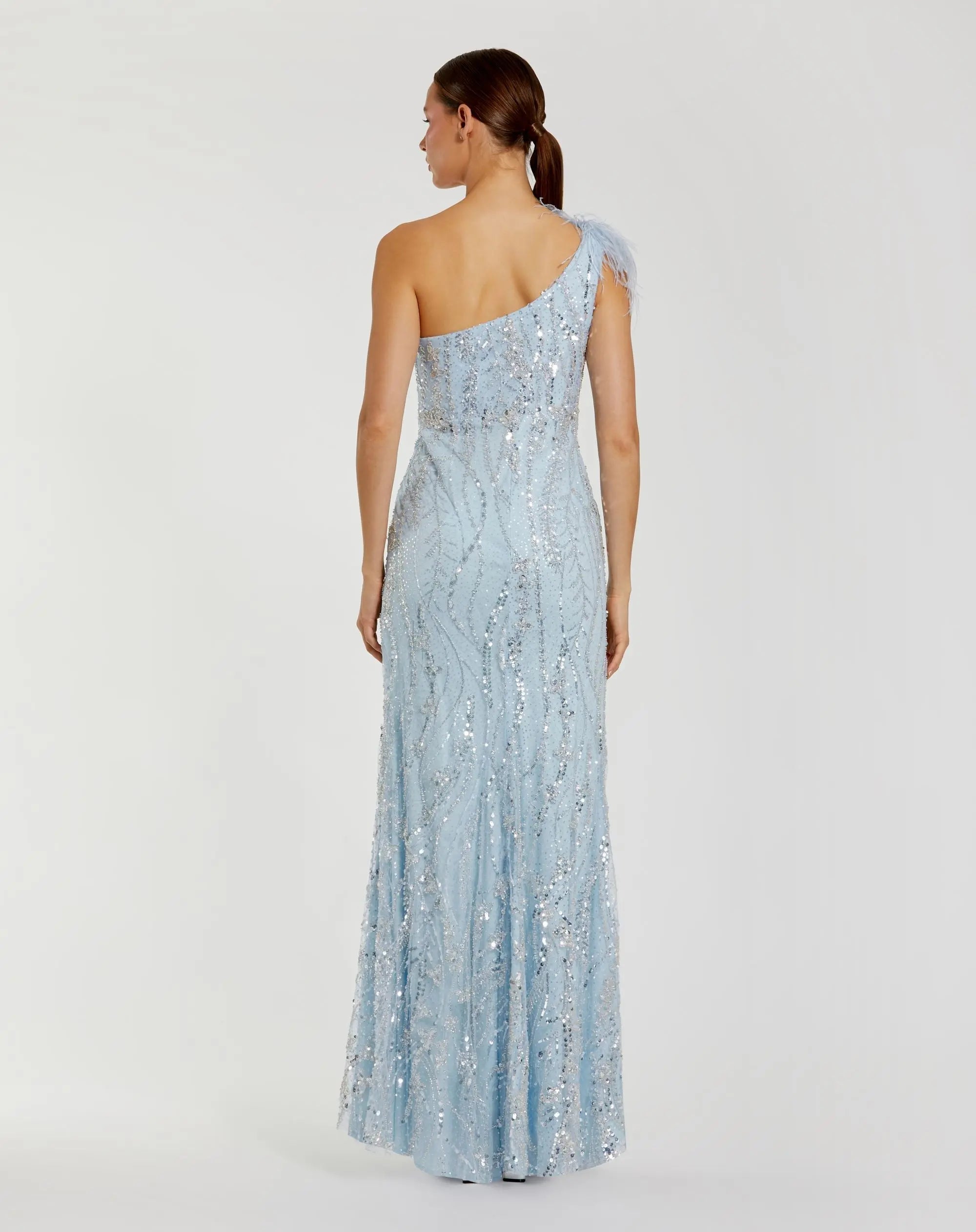Blue Feathered One Shoulder Embellished Applique Gown-Myartka