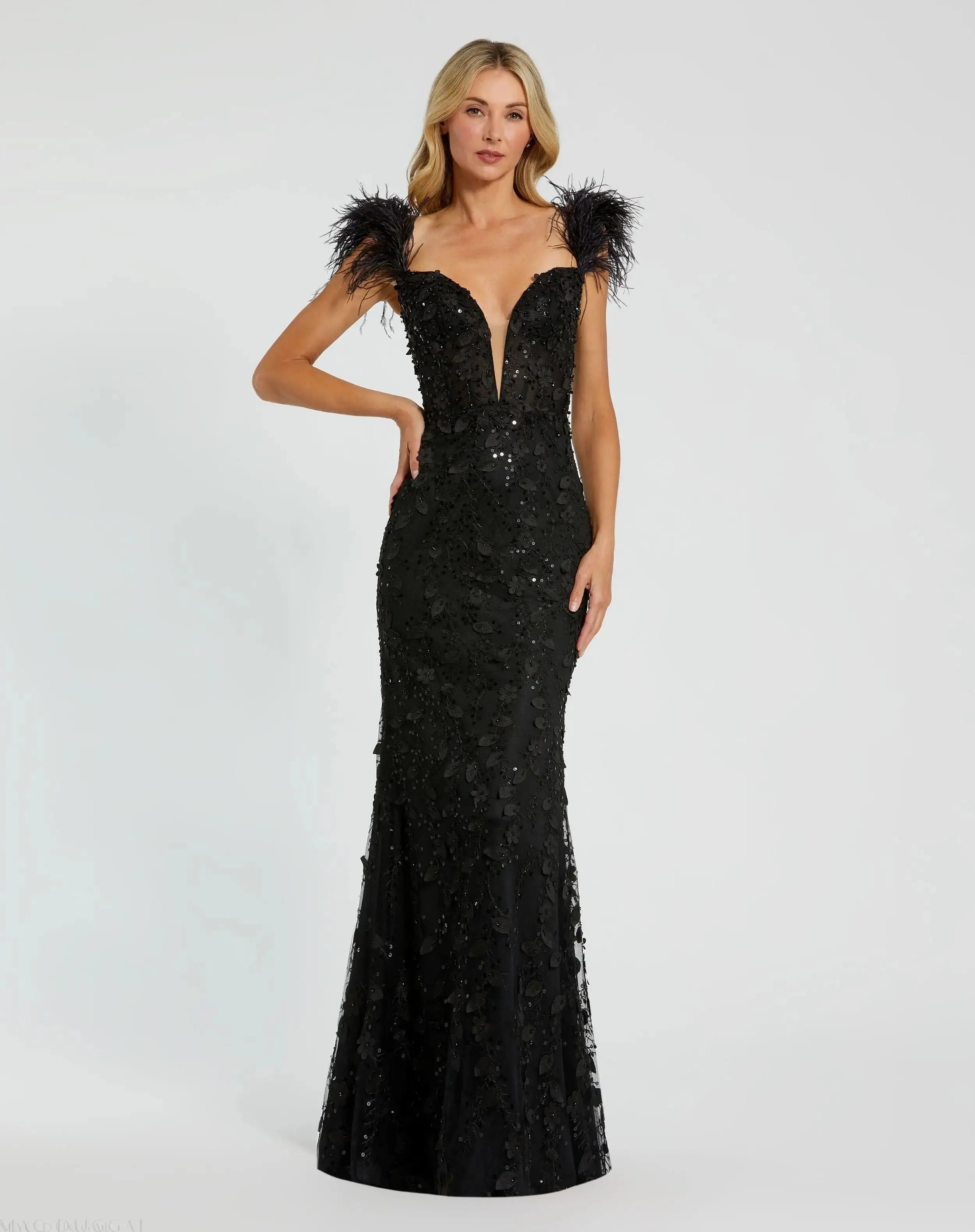 Black Sheer Applique Bustier Gown with Feather Straps-Myartka