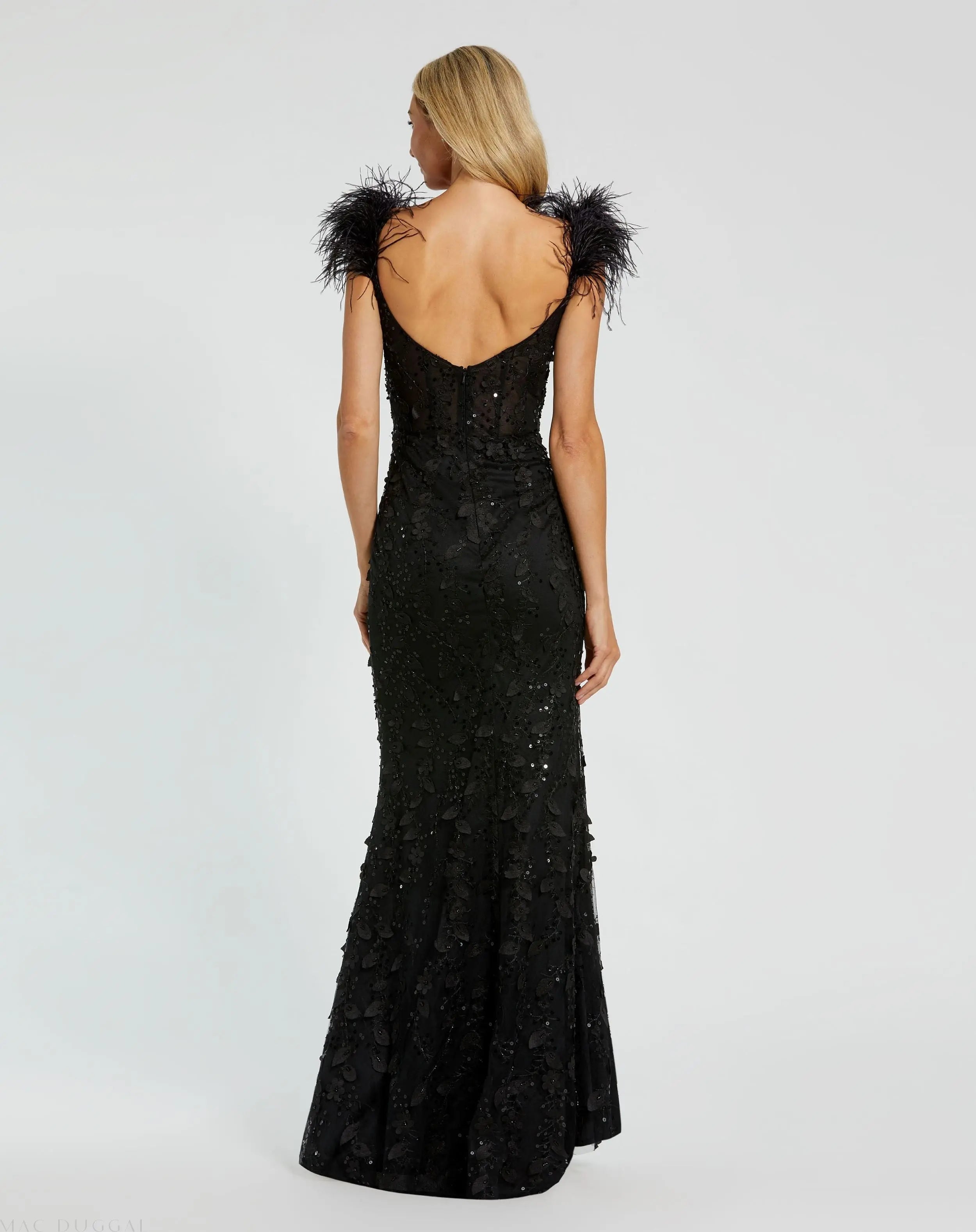 Black Sheer Applique Bustier Gown with Feather Straps-Myartka