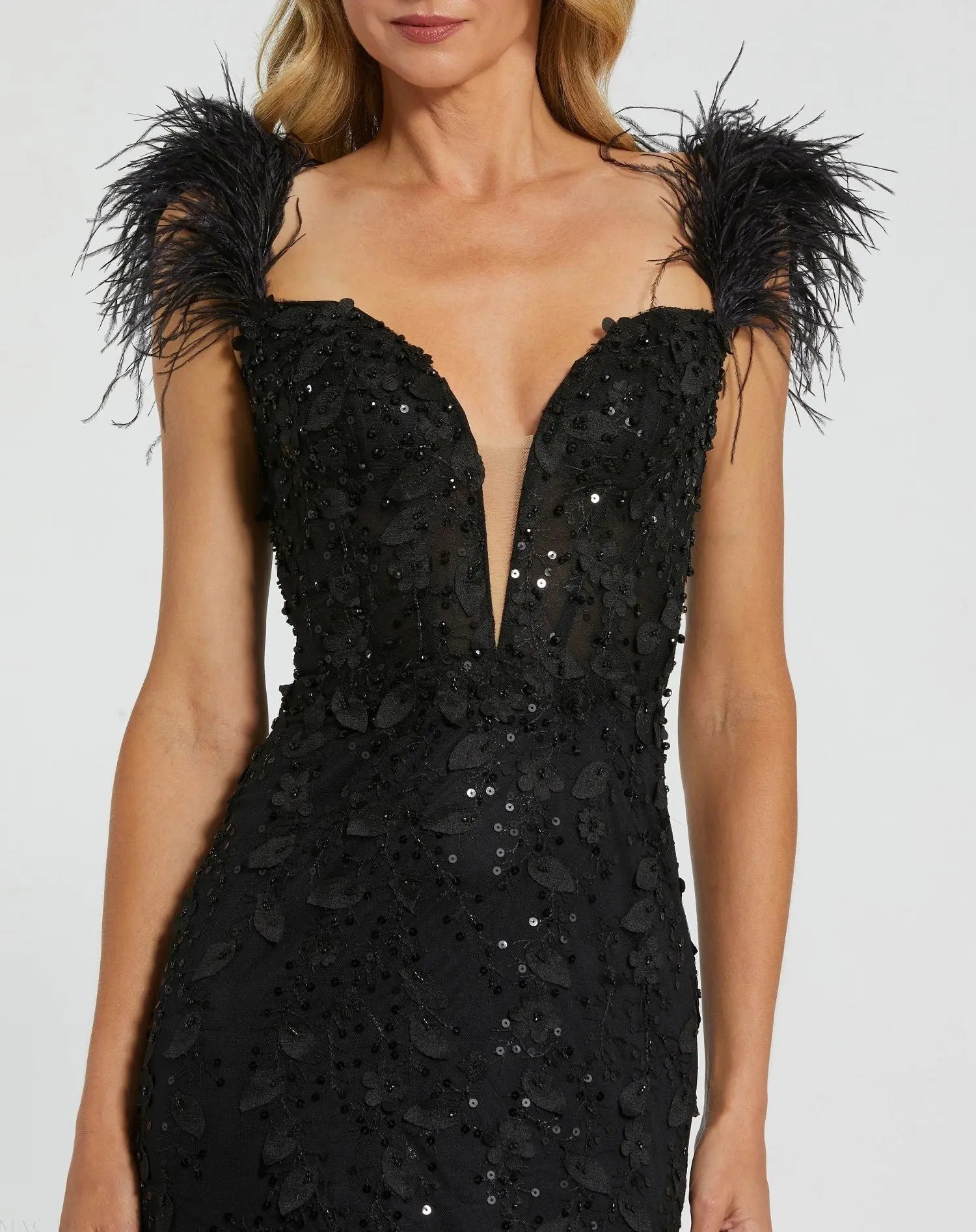 Black Sheer Applique Bustier Gown with Feather Straps-Myartka