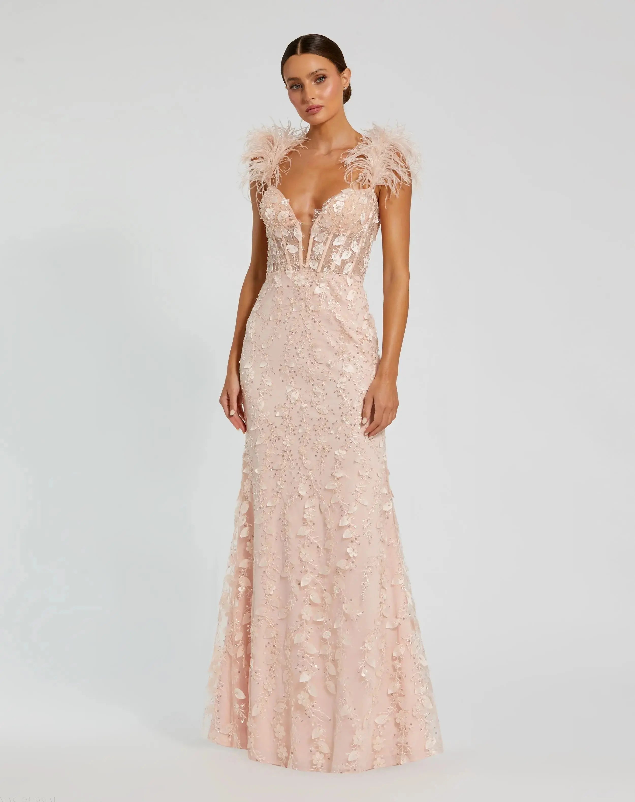 Pink Sheer Applique Bustier Gown with Feather Straps-Myartka