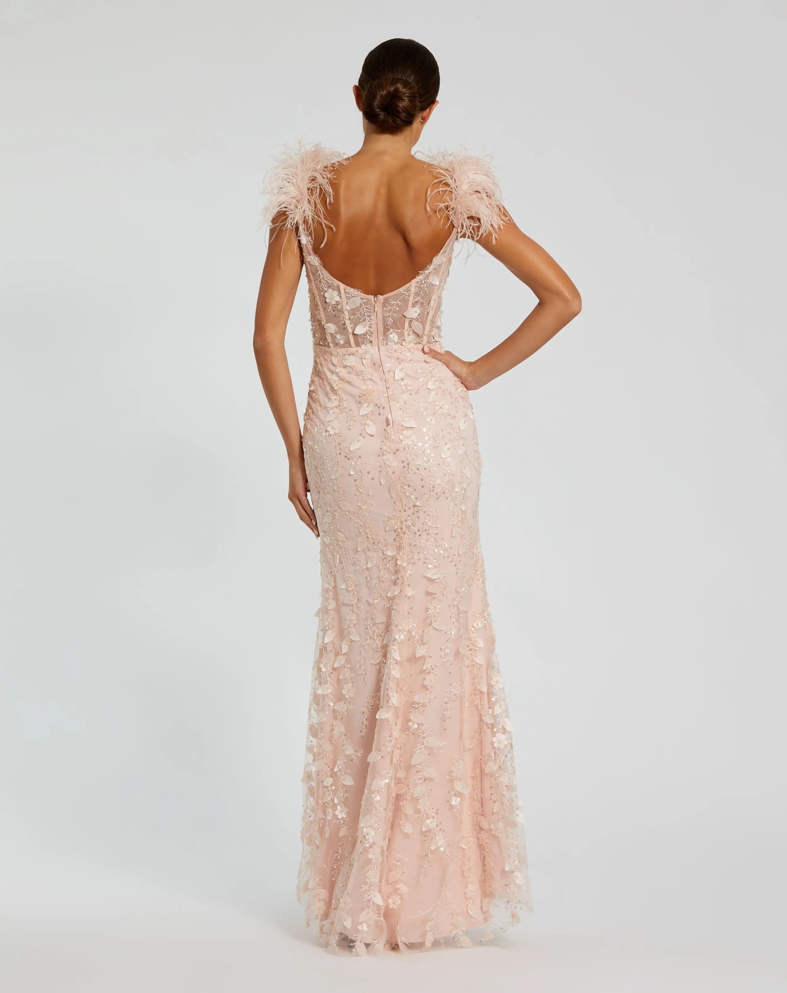 Pink Sheer Applique Bustier Gown with Feather Straps-Myartka