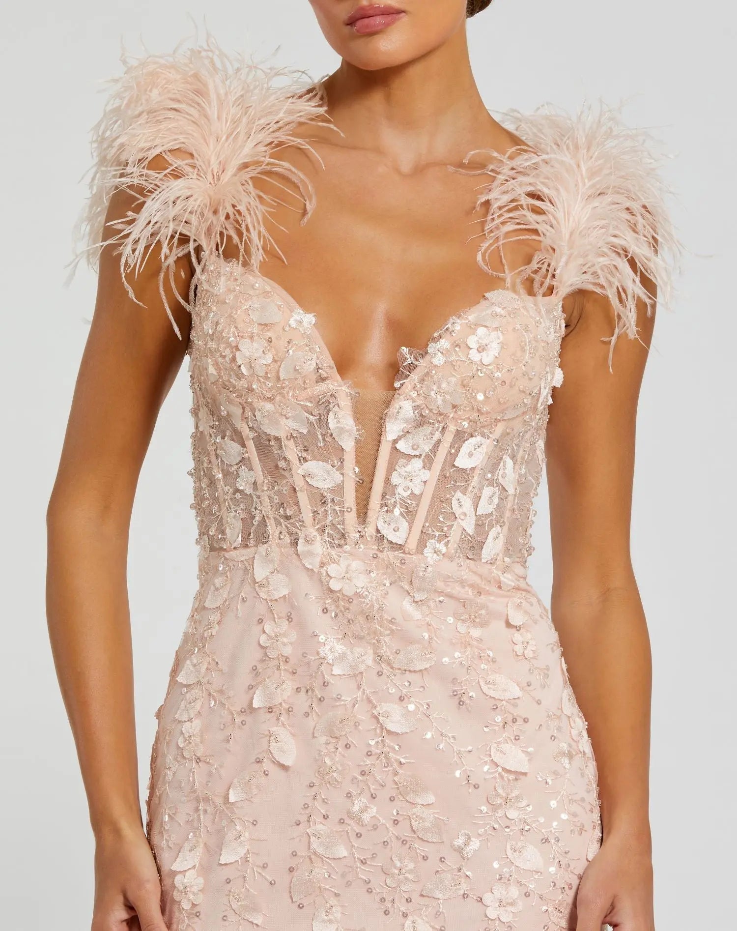 Pink Sheer Applique Bustier Gown with Feather Straps-Myartka