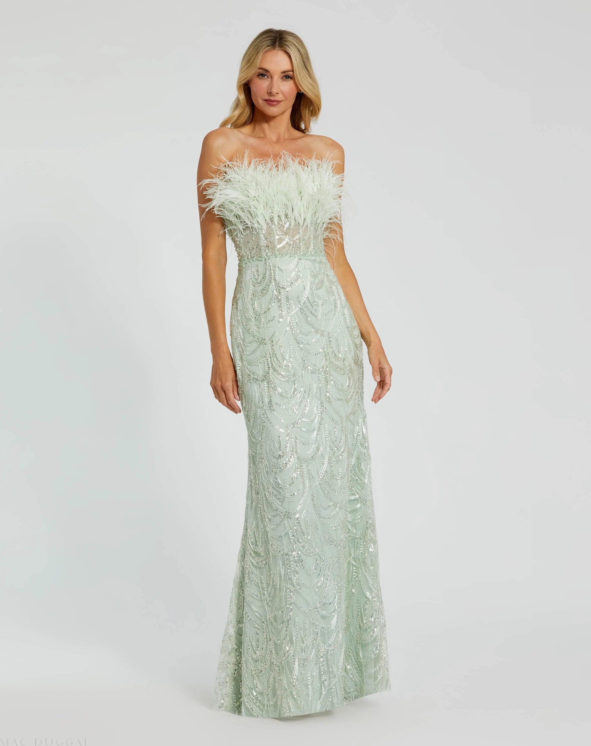 Green Strapless Feather Bustier Gown with Embroidery-Myartka
