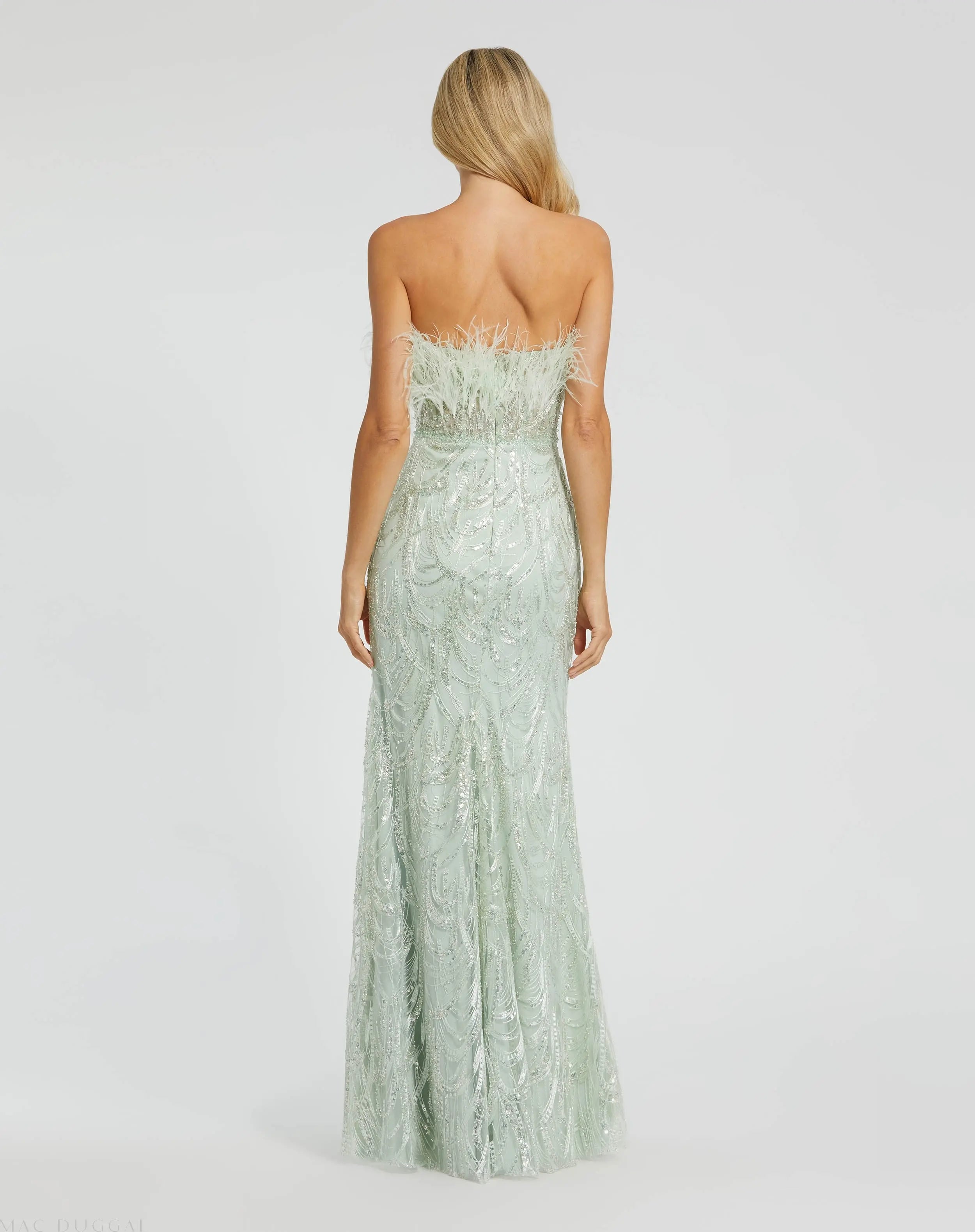 Green Strapless Feather Bustier Gown with Embroidery-Myartka