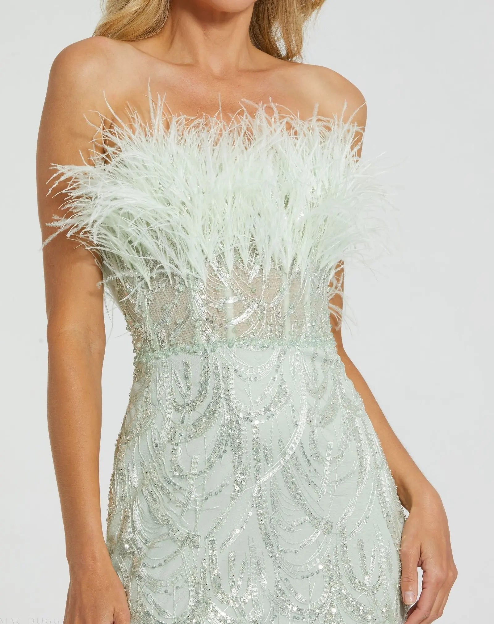 Green Strapless Feather Bustier Gown with Embroidery-Myartka