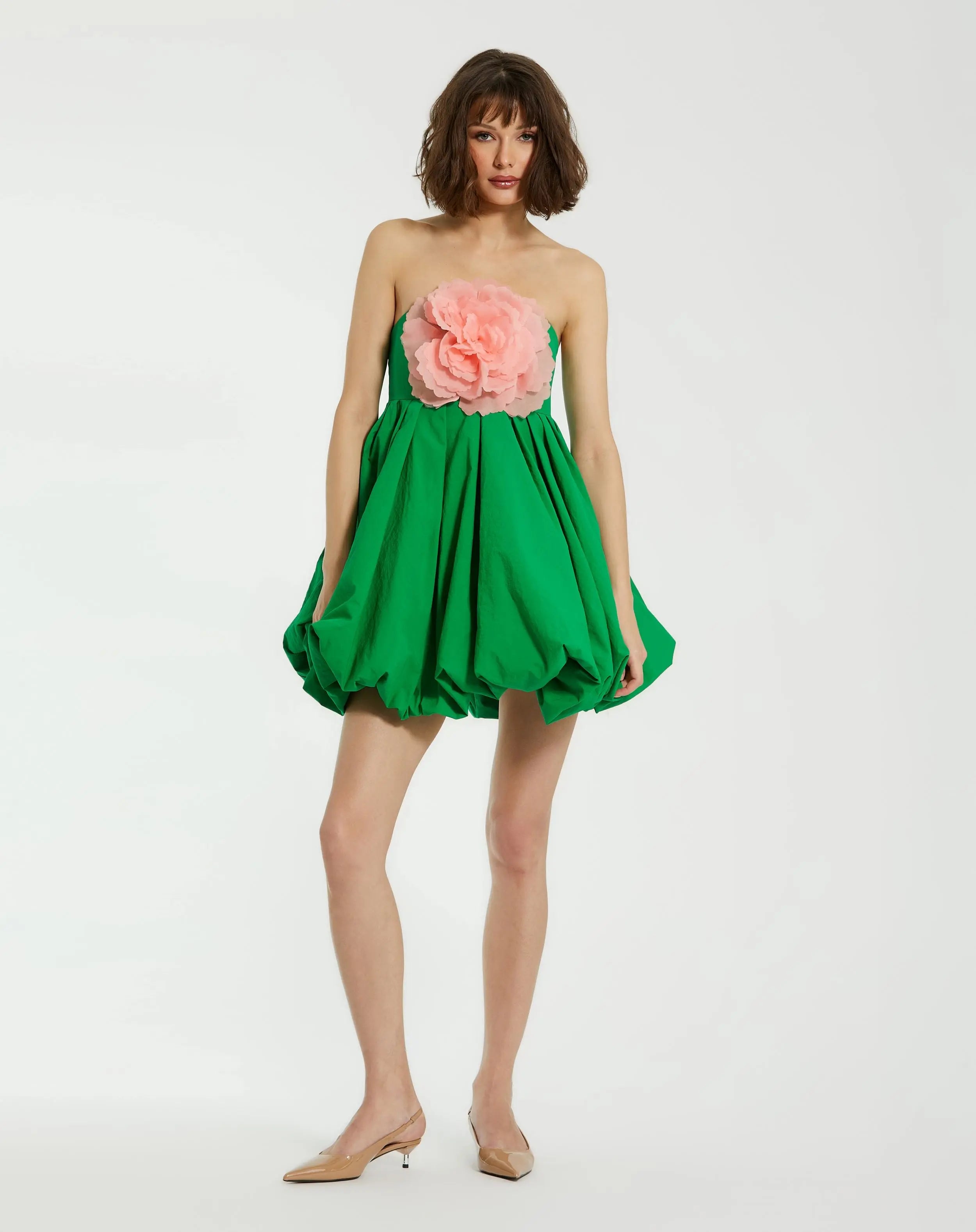 Green Strapless Faille Mini Dress With 3D Flower-Myartka