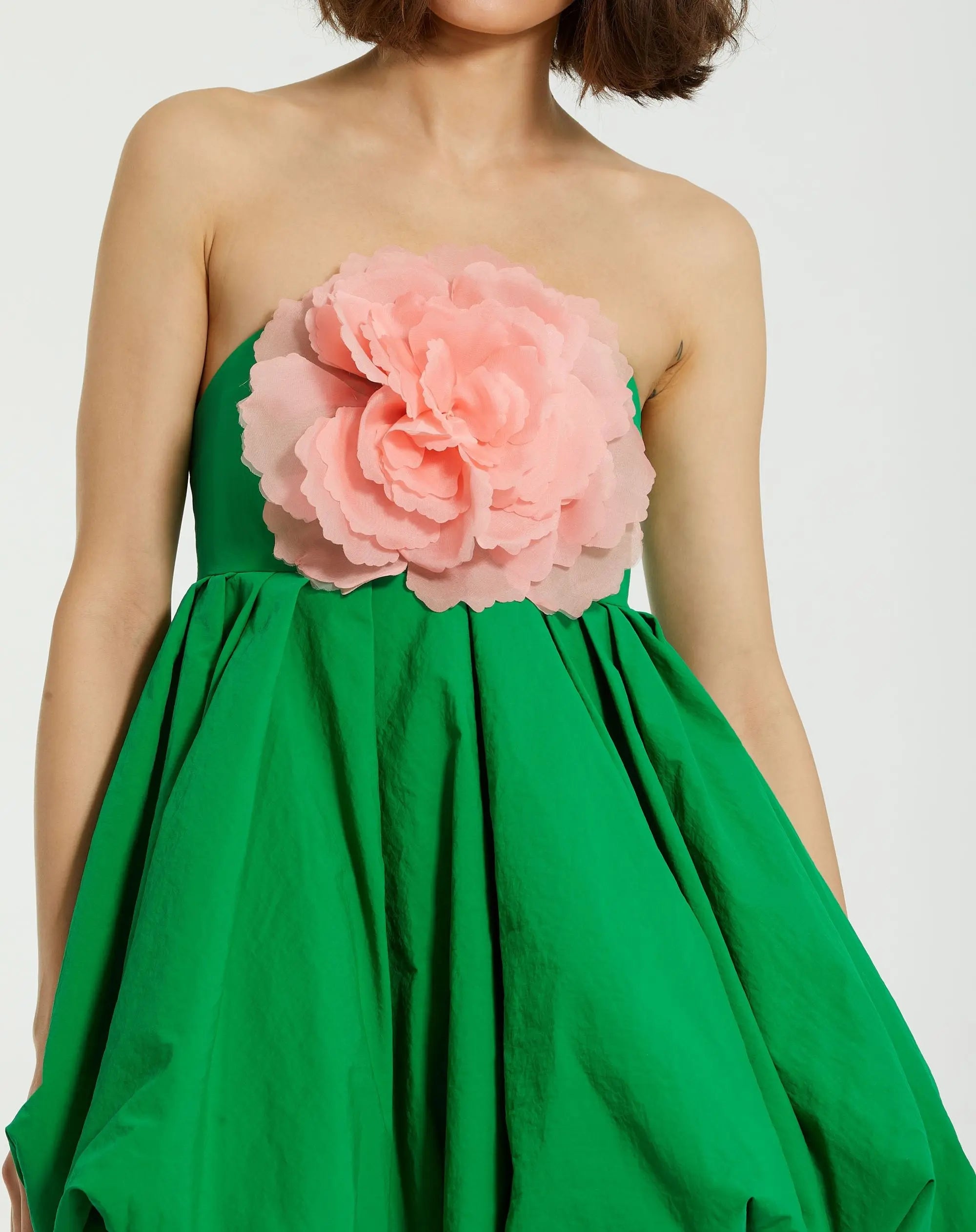 Green Strapless Faille Mini Dress With 3D Flower-Myartka