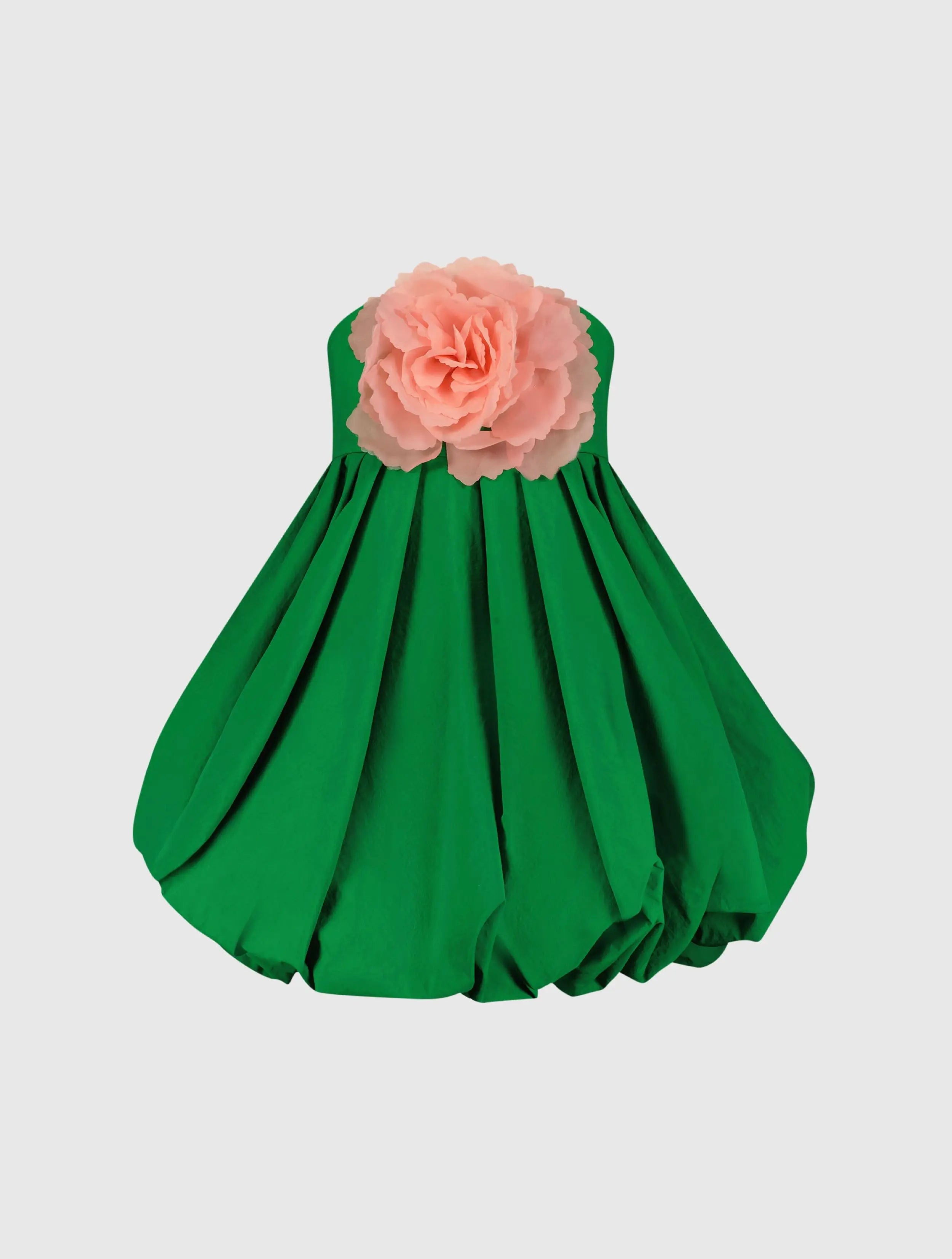 Green Strapless Faille Mini Dress With 3D Flower-Myartka