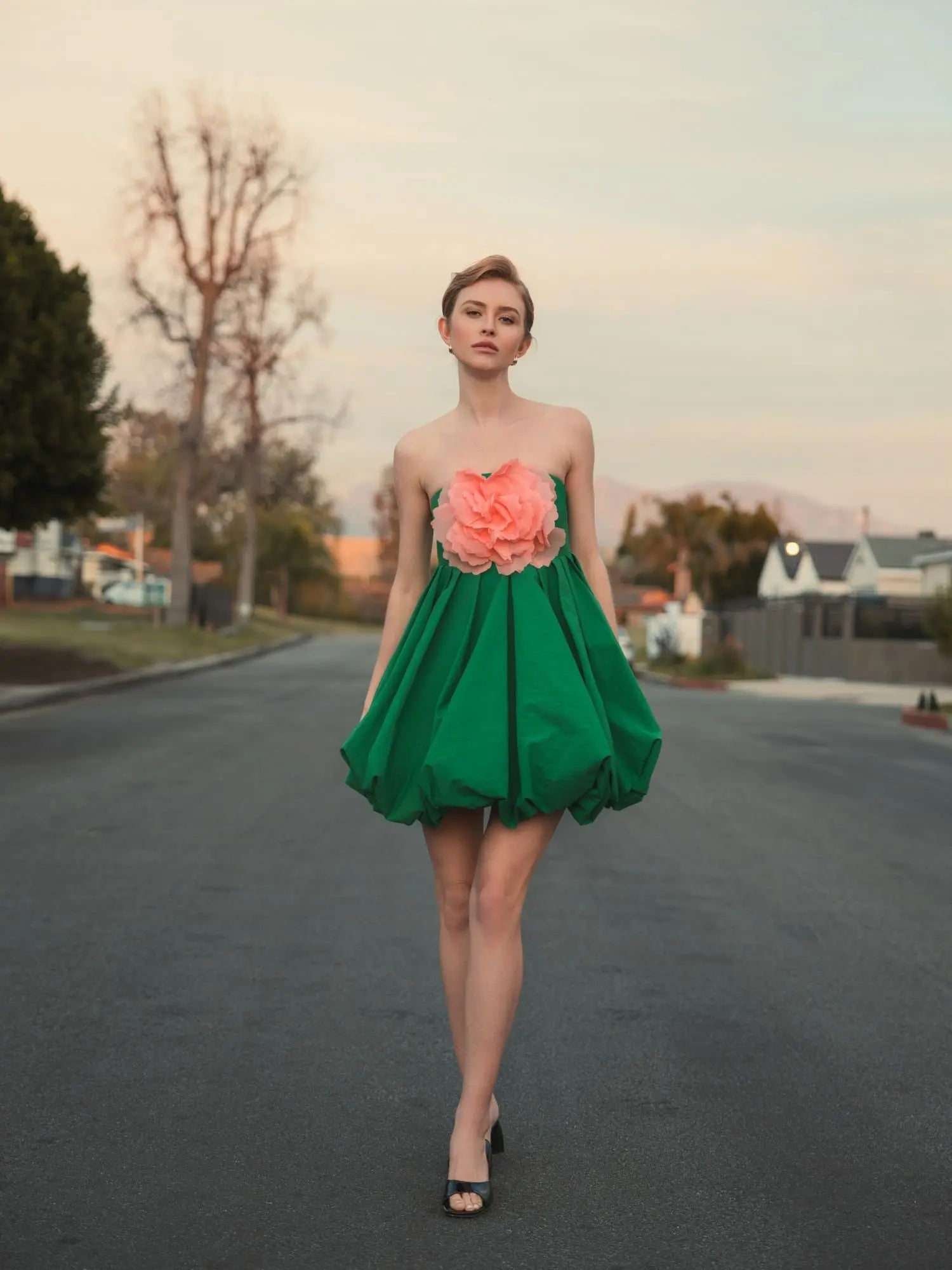 Green Strapless Faille Mini Dress With 3D Flower-Myartka