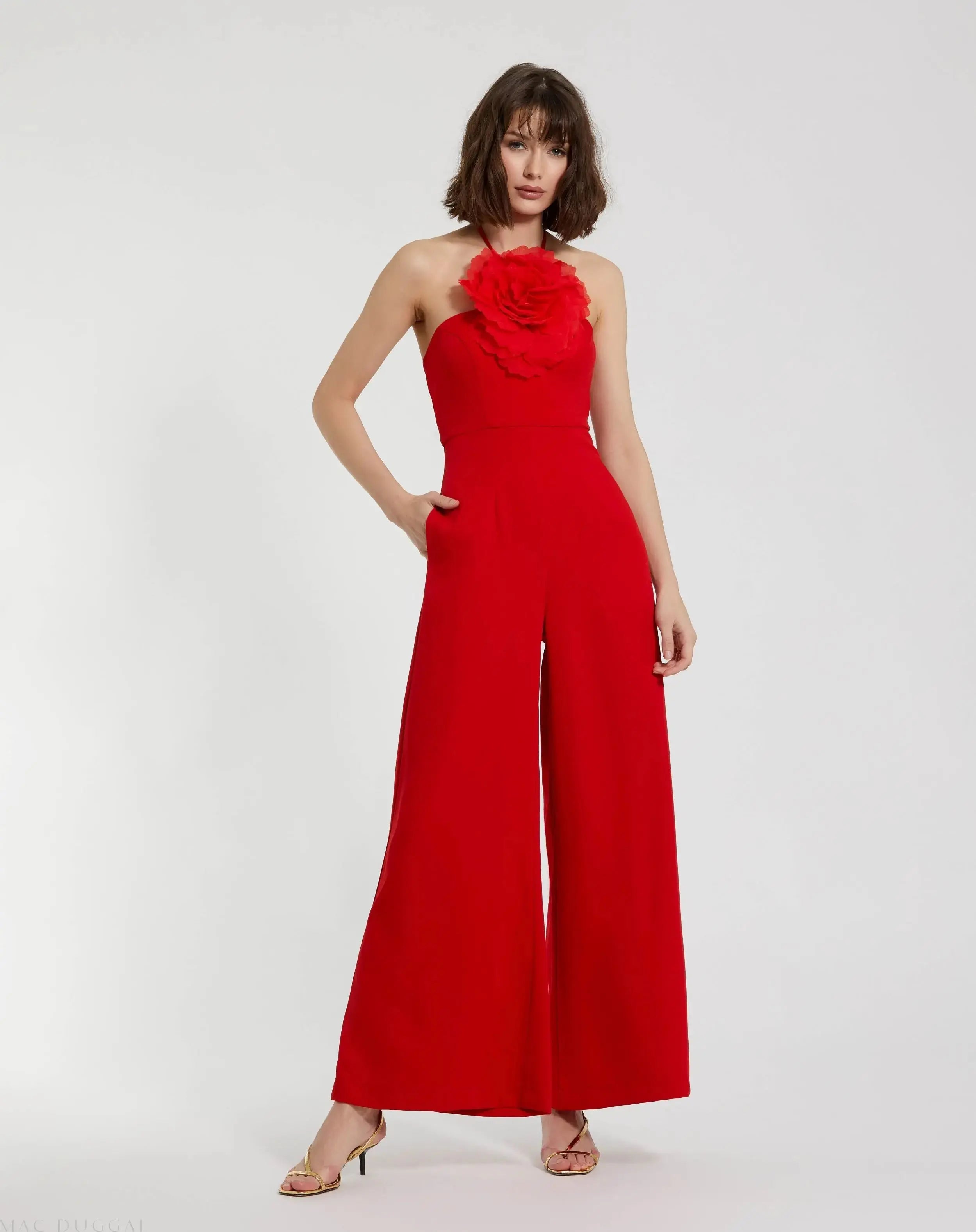 Red Halter Neck Crepe Jumpsuit With Flower-Myartka