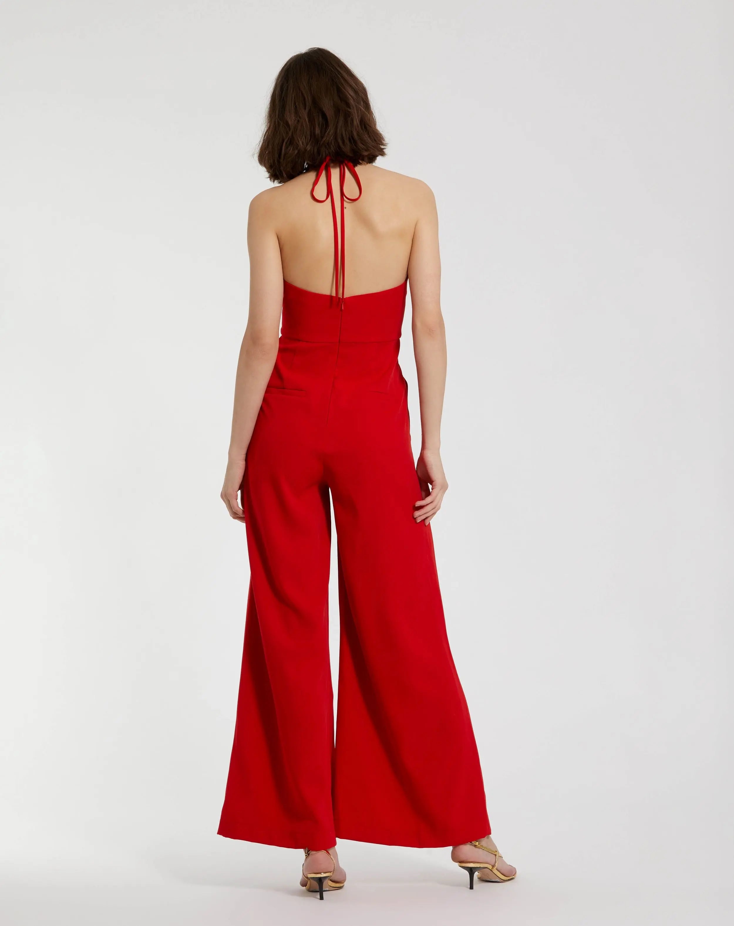 Red Halter Neck Crepe Jumpsuit With Flower-Myartka