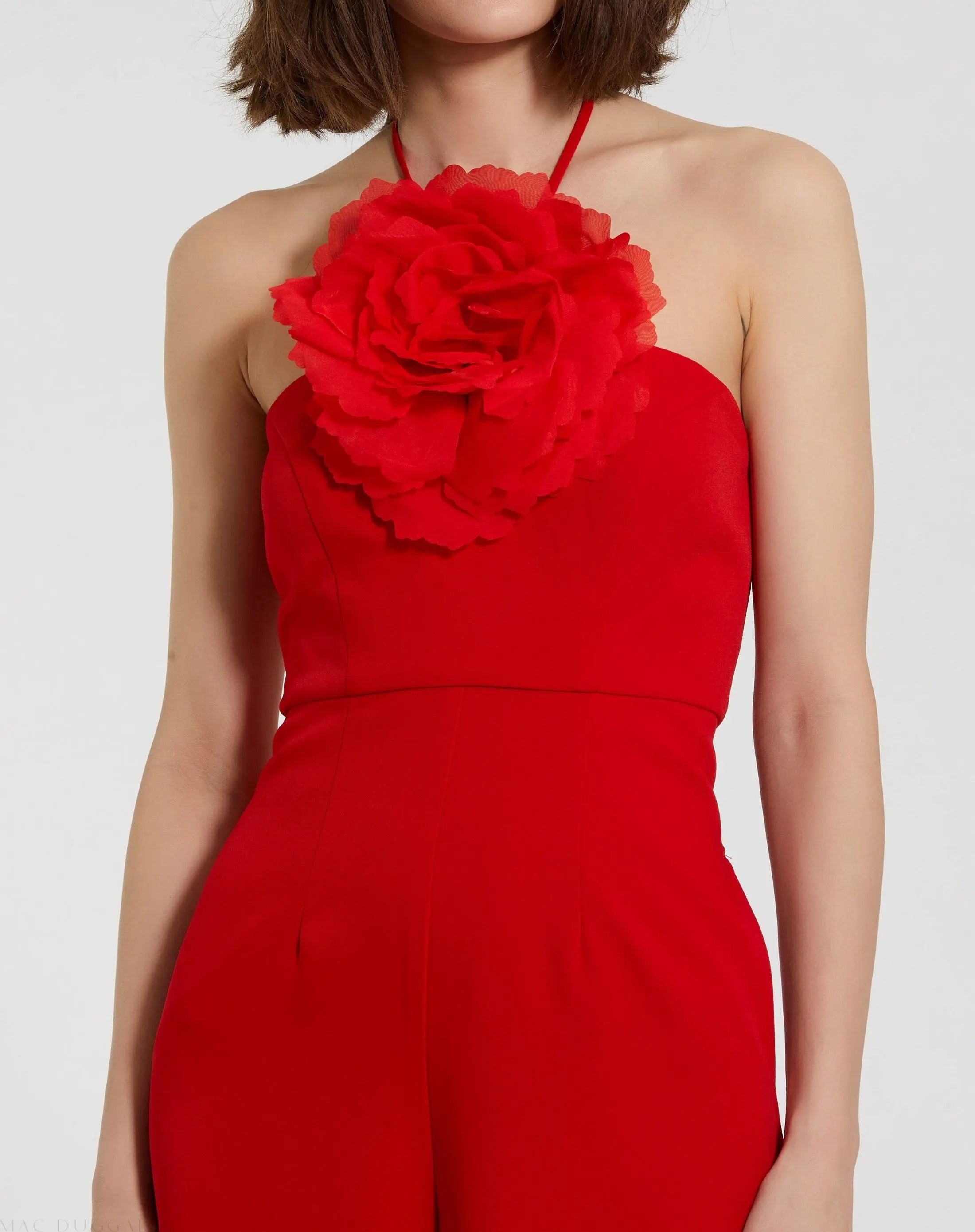Red Halter Neck Crepe Jumpsuit With Flower-Myartka