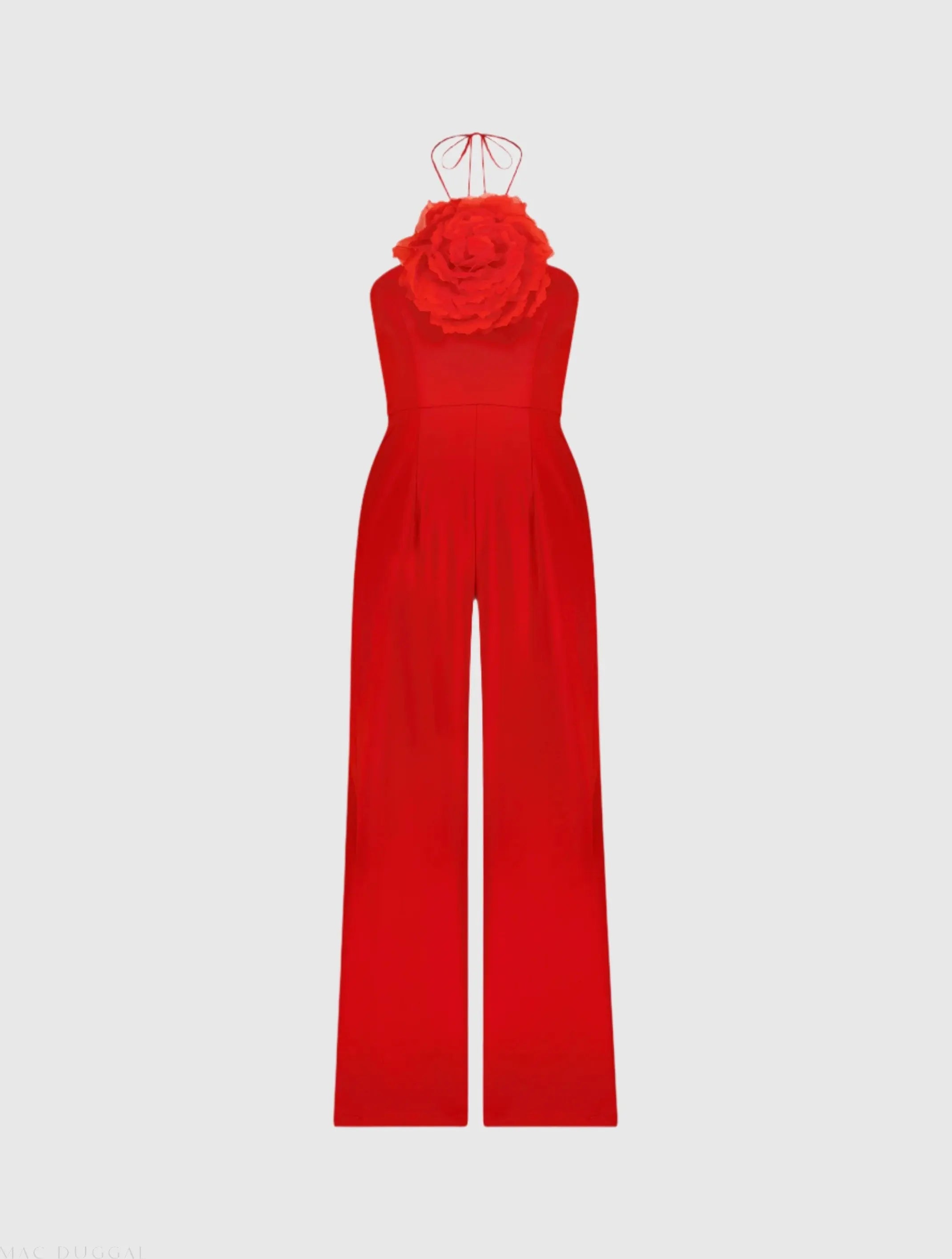 Red Halter Neck Crepe Jumpsuit With Flower-Myartka