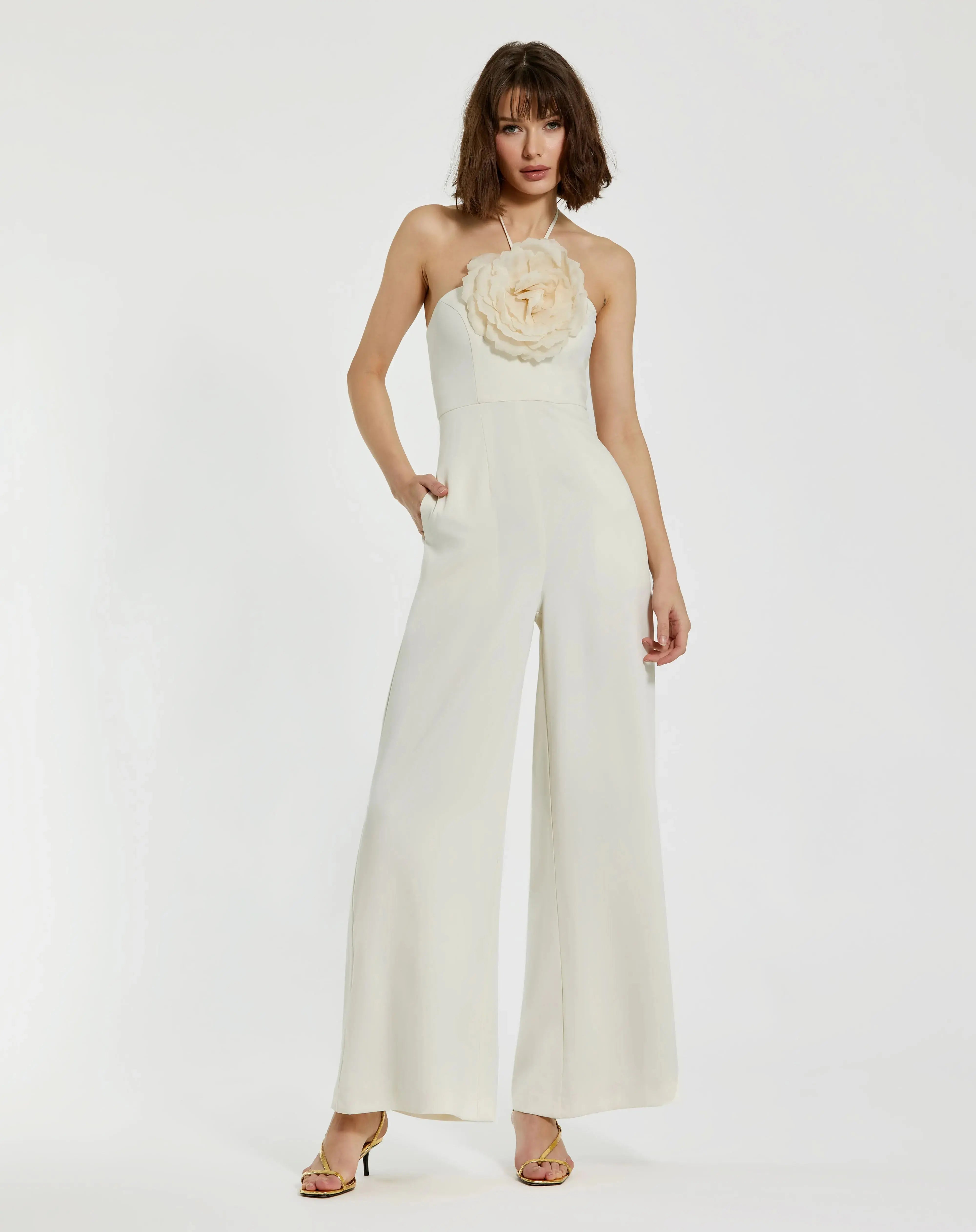 Ivory Halter Neck Crepe Jumpsuit With 3D Flower-Myartka