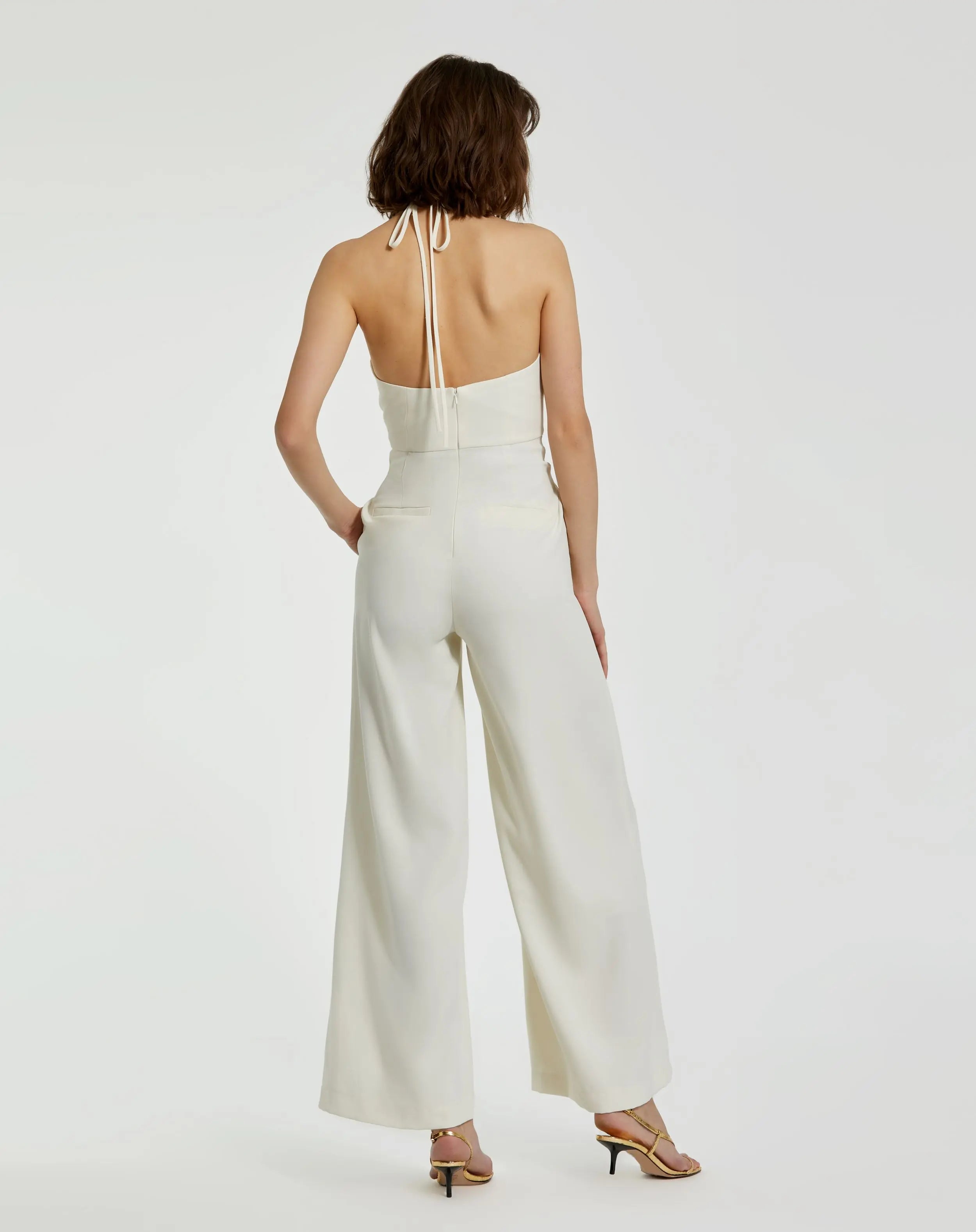 Ivory Halter Neck Crepe Jumpsuit With 3D Flower-Myartka