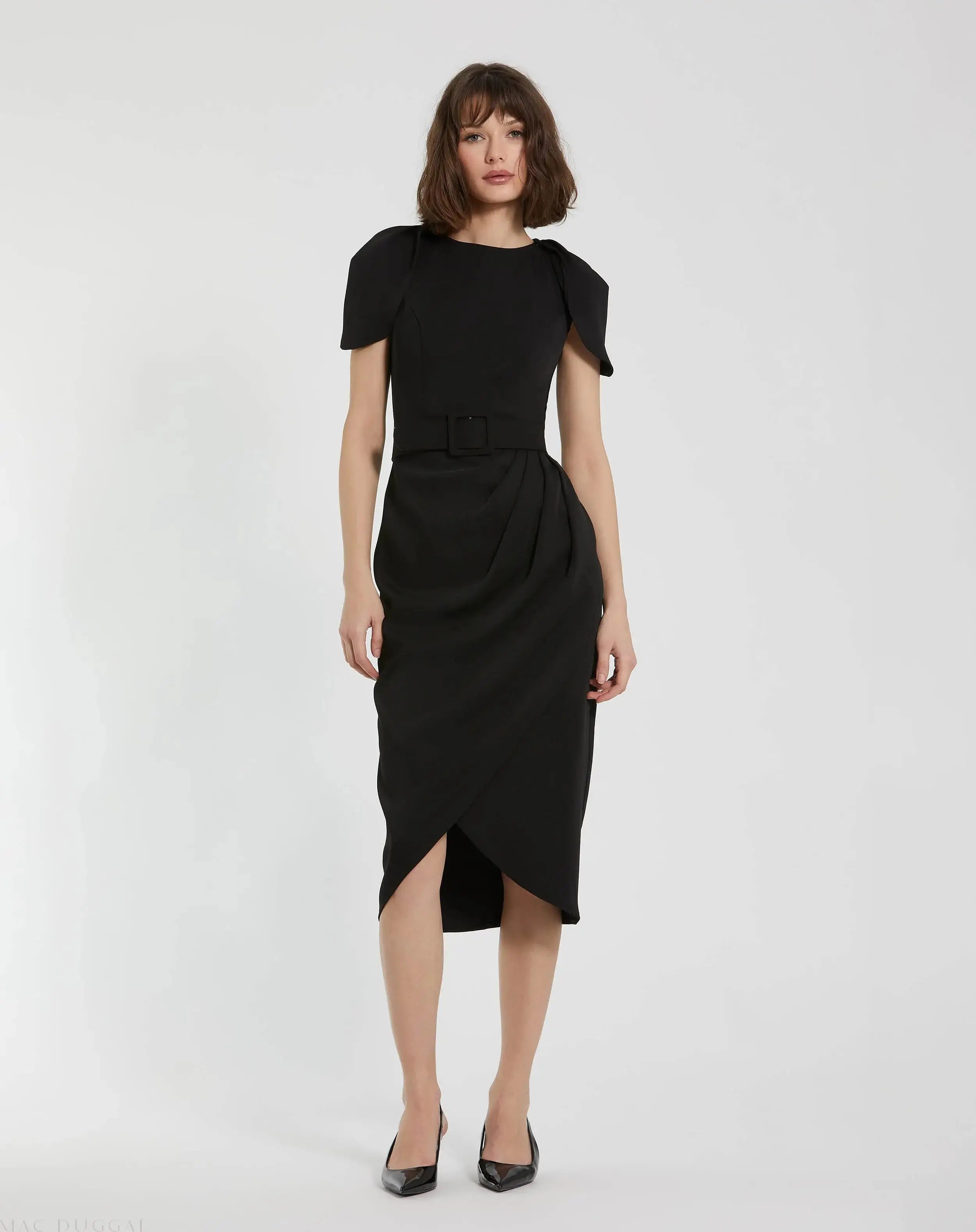 Black Crepe Boat Neck Midi Tulip Dress With Belt-Myartka