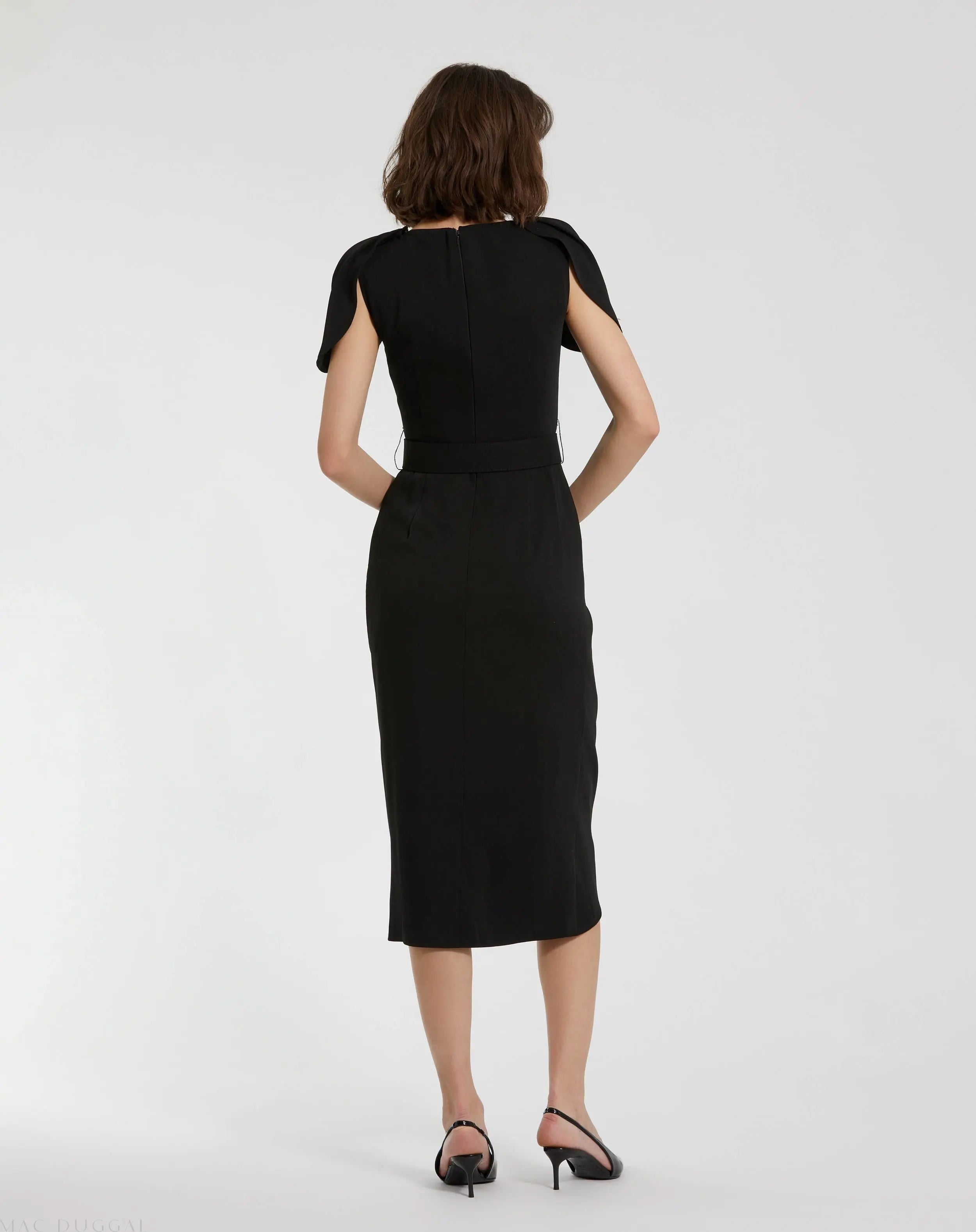 Black Crepe Boat Neck Midi Tulip Dress With Belt-Myartka