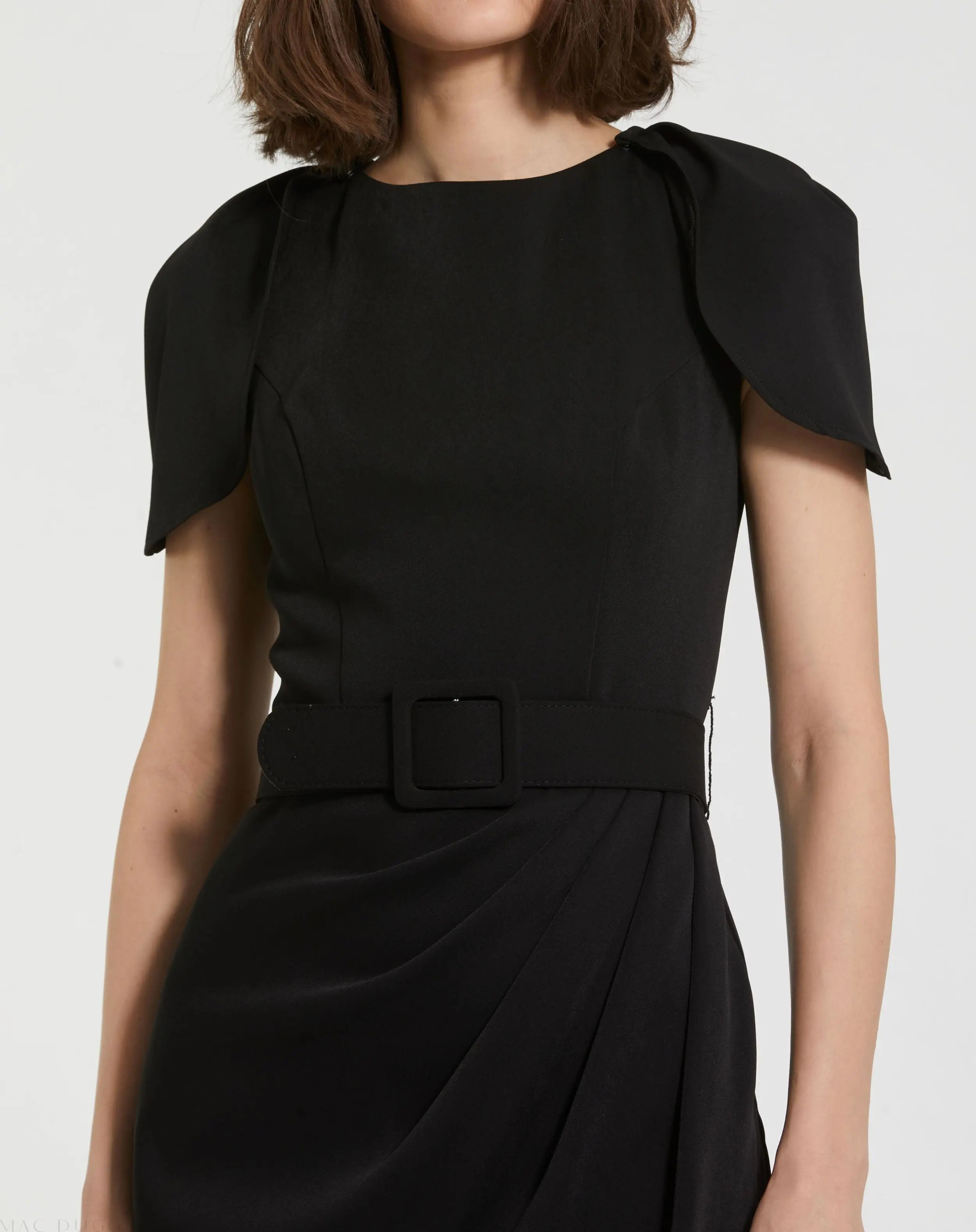 Black Crepe Boat Neck Midi Tulip Dress With Belt-Myartka