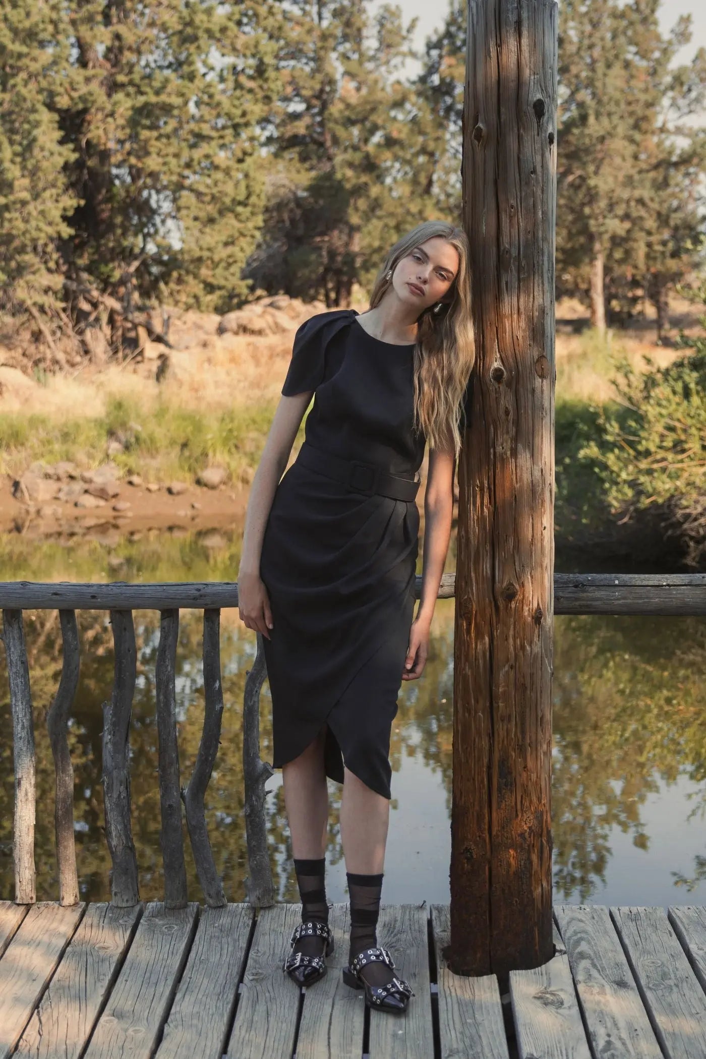 Black Crepe Boat Neck Midi Tulip Dress With Belt-Myartka