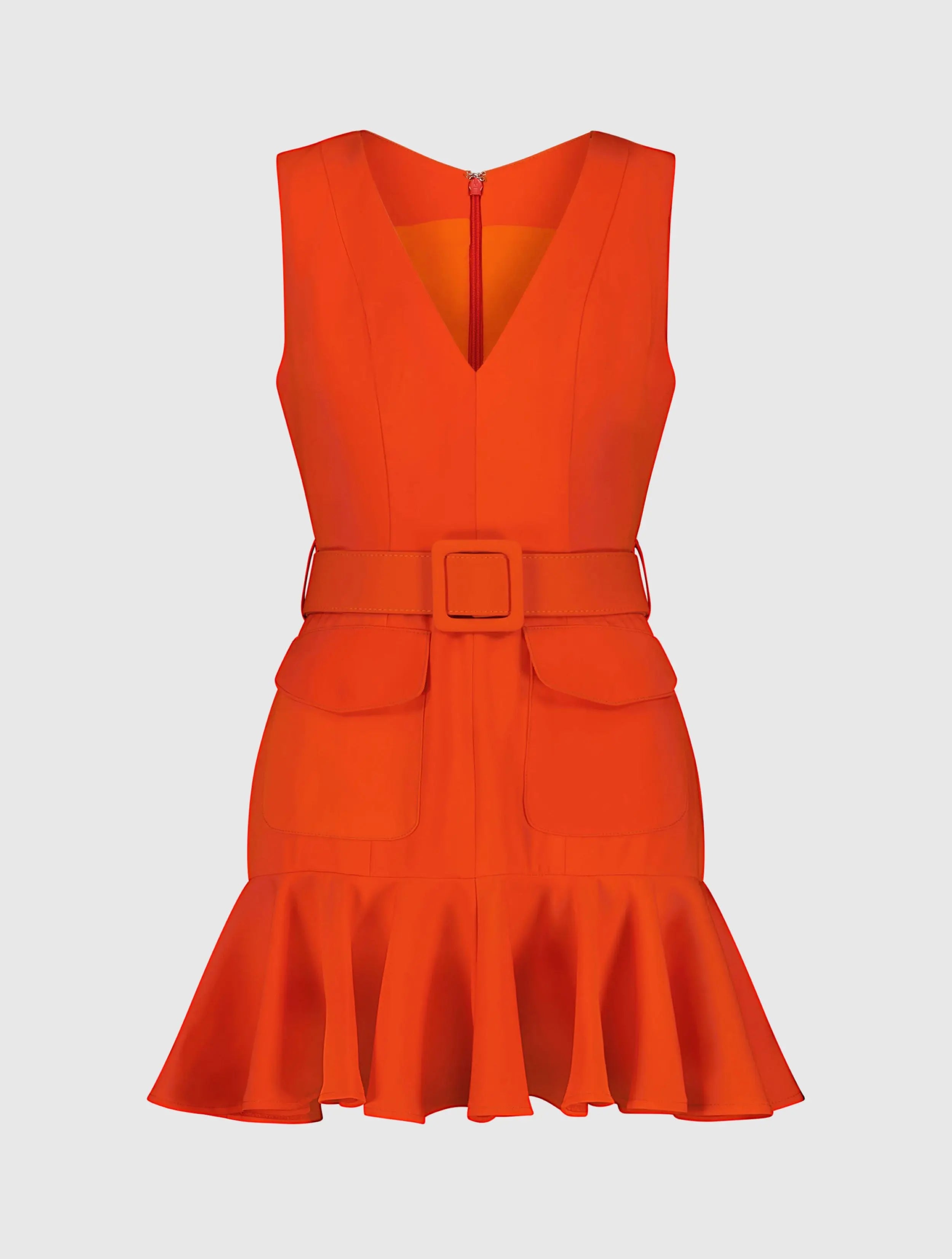 Orange Sleeveless Crepe Mini Dress With Belt And Front Pockets-Myartka