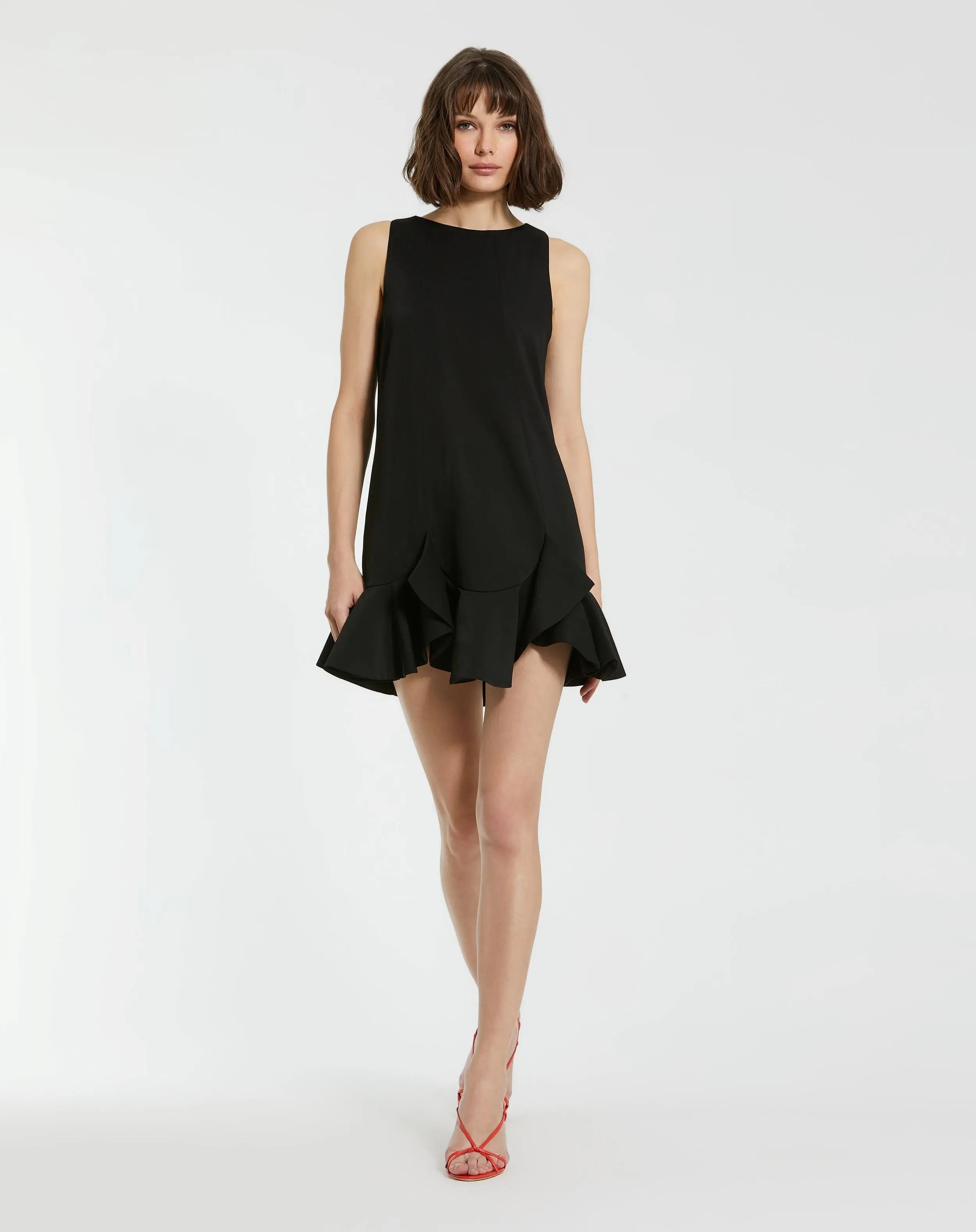 The Mia Black High Neck Sleeveless Crepe Mini Dress With Ruffle Hem-Myartka
