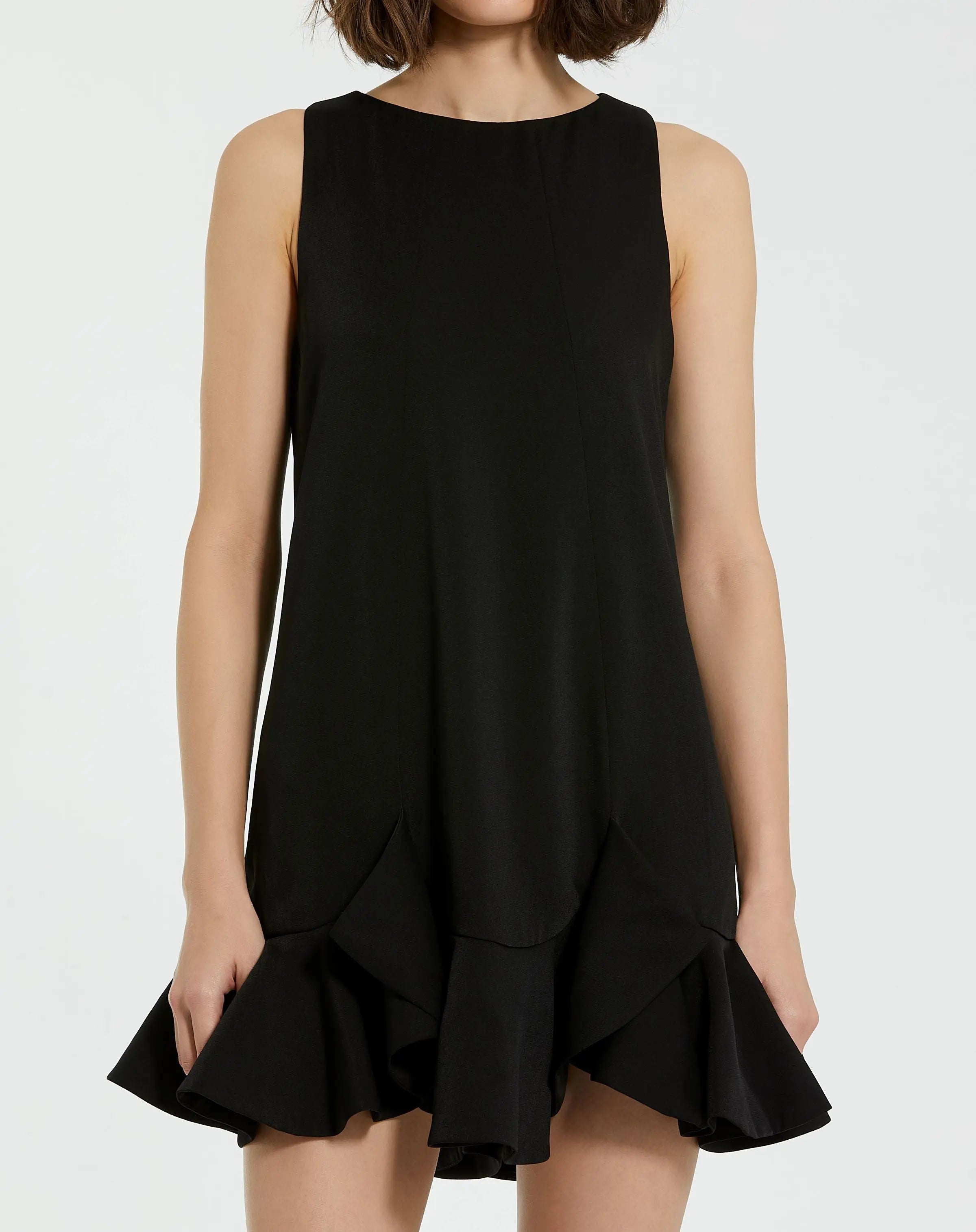 The Mia Black High Neck Sleeveless Crepe Mini Dress With Ruffle Hem-Myartka