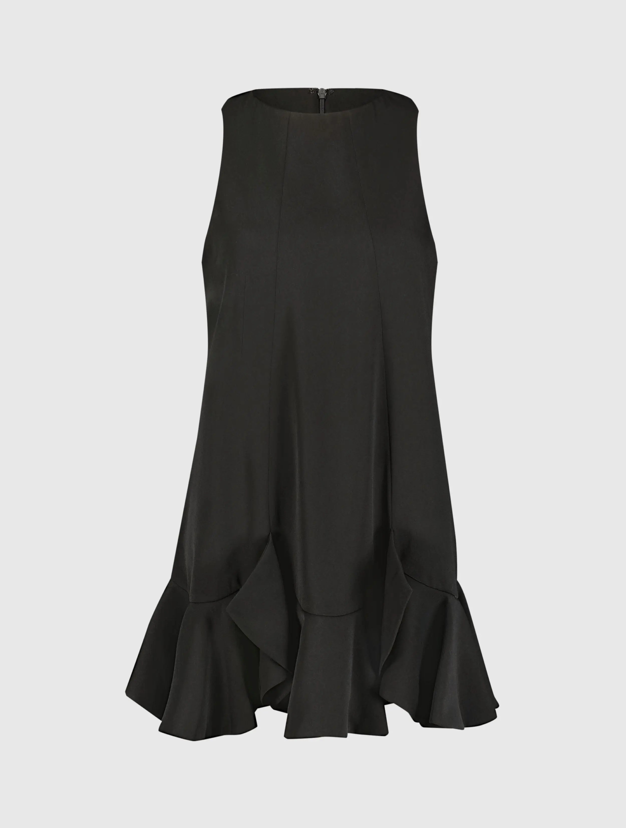 The Mia Black High Neck Sleeveless Crepe Mini Dress With Ruffle Hem-Myartka