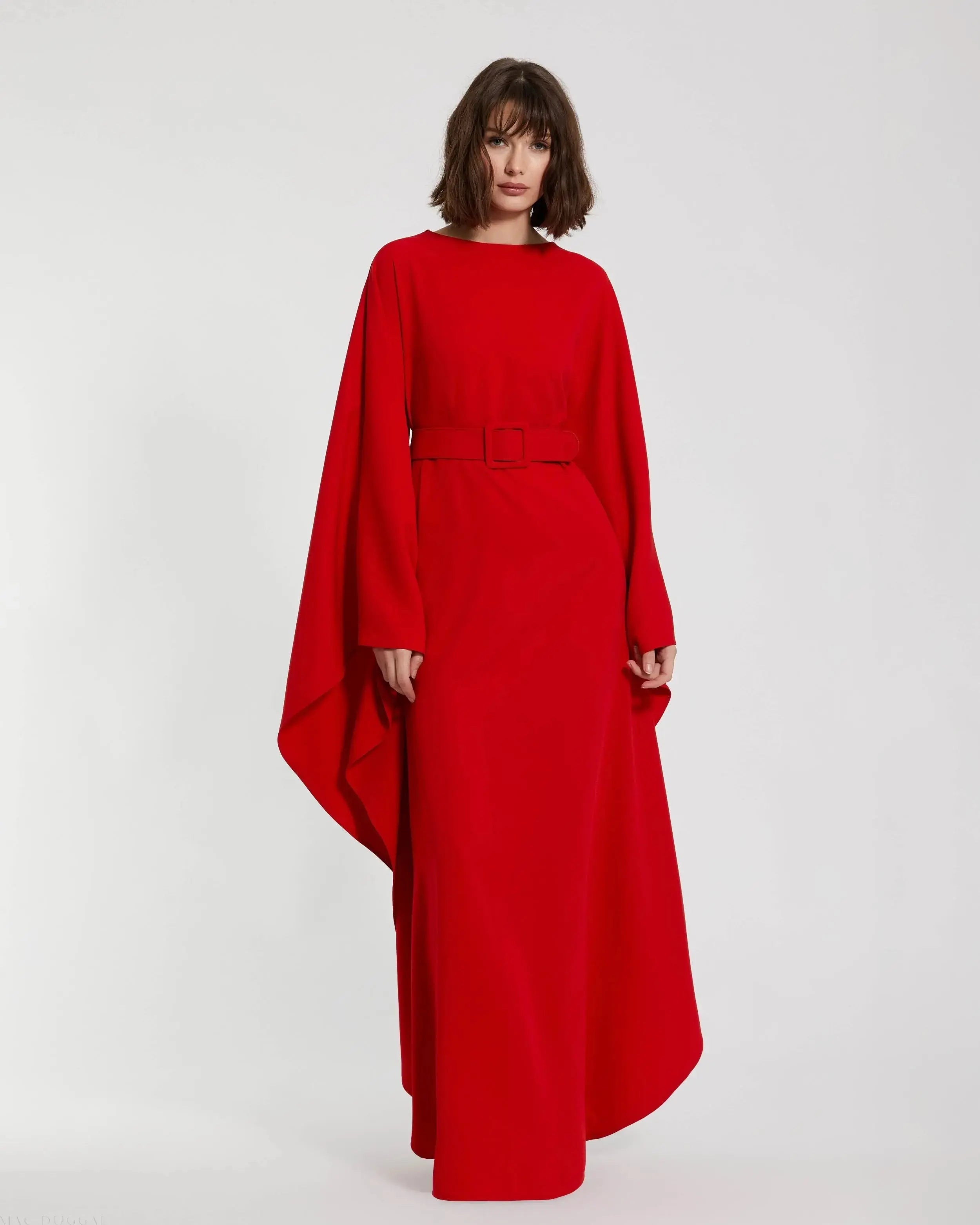 Red Crepe Boat Neck Kaftan Maxi Dress With Belt-Myartka