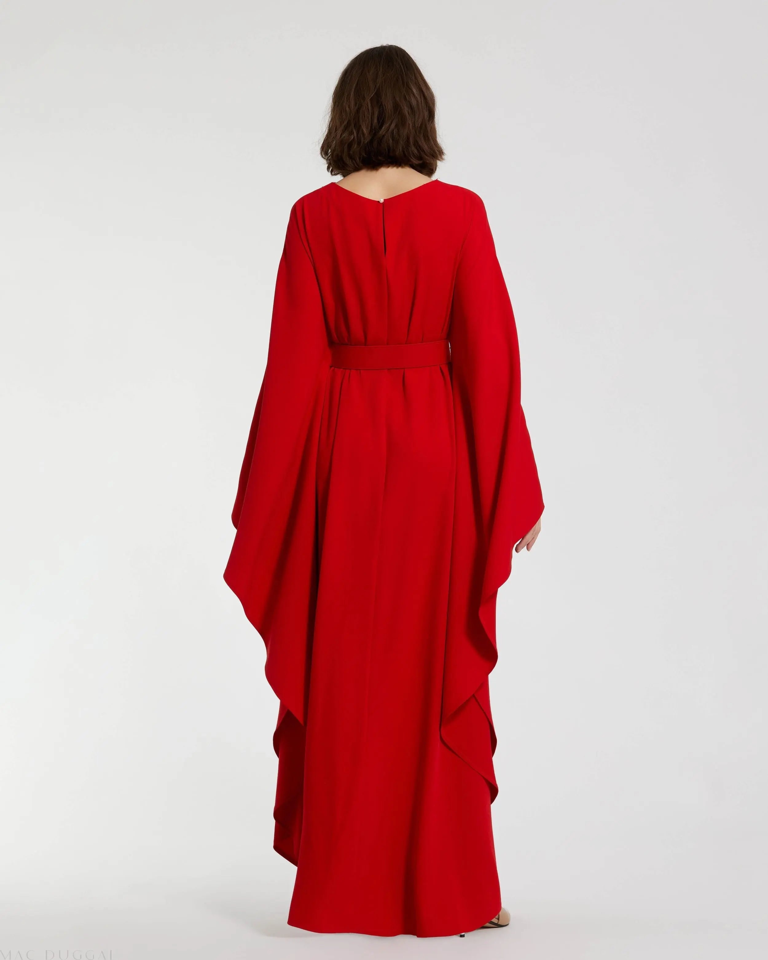 Red Crepe Boat Neck Kaftan Maxi Dress With Belt-Myartka