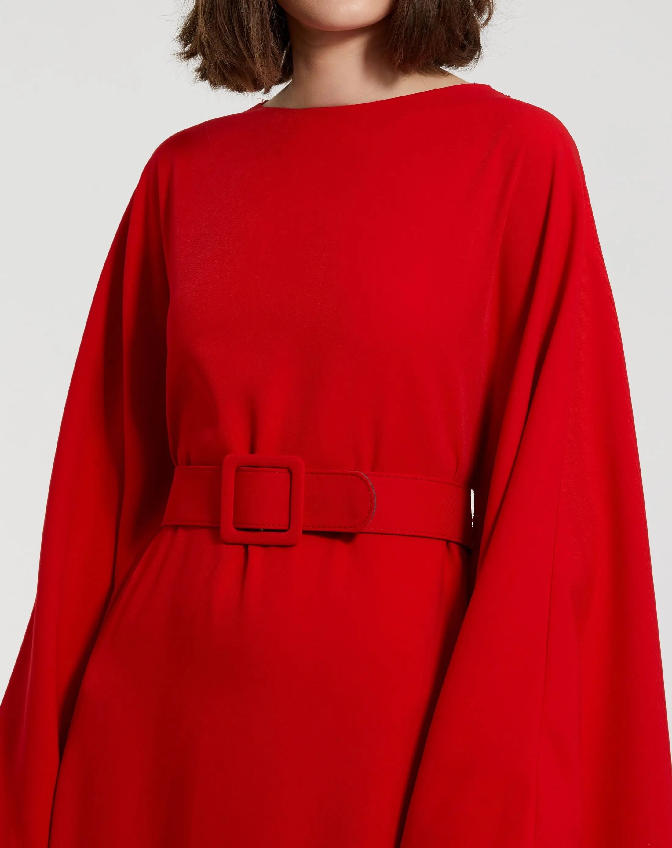 Red Crepe Boat Neck Kaftan Maxi Dress With Belt-Myartka